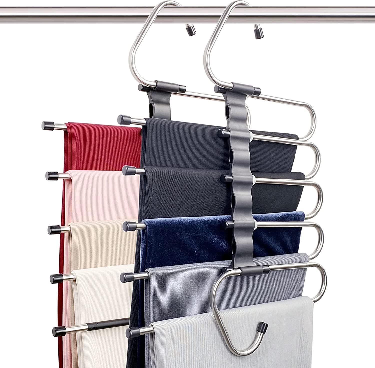 RYLAN (Pack of 2) 5 in 1 Stainless Steel Foldable Hangers for Clothes Hanging Multi-Layer Multi-Purpose Pant Hangers for Wardrobe Magic Foldable Hanger Clothes Hanger Multipurpose Hanger Organizer+