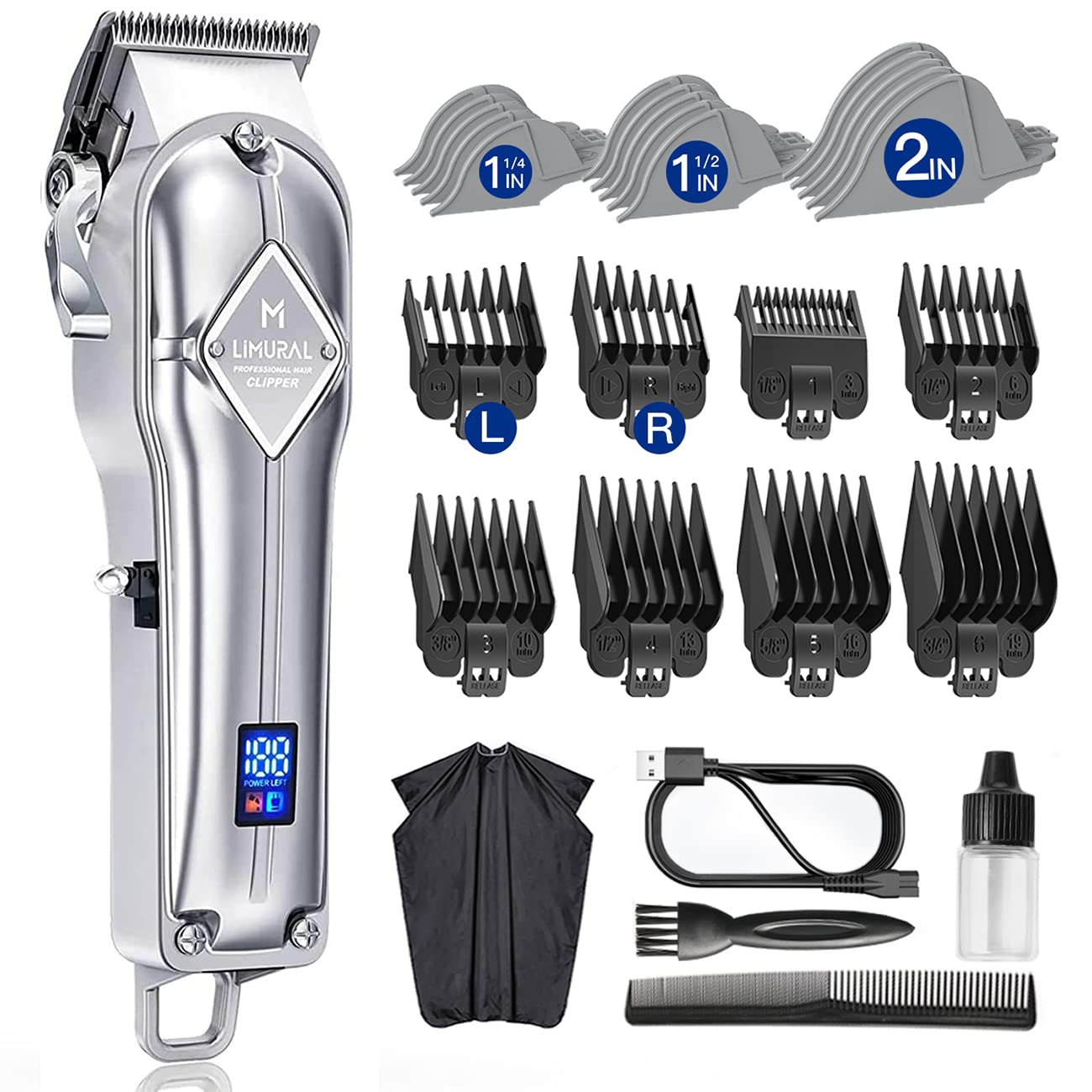 Limural Hair Clippers for Men Professional - Cordless Barber Clippers for Hair Cutting & Grooming, Rechargeable Beard Trimmer with Large LED Display & Silver Metal Casing