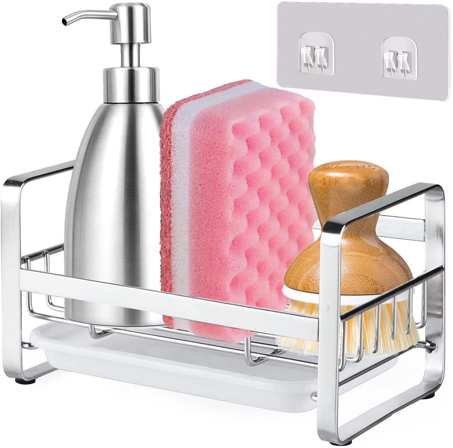 ZollyssSponge Holder For Kitchen Sink Caddy Organizer Countertops And Walls Soap Tray Dish Drainer With Detachable Dish Drainer Tray(Stainless Steel, Silver)