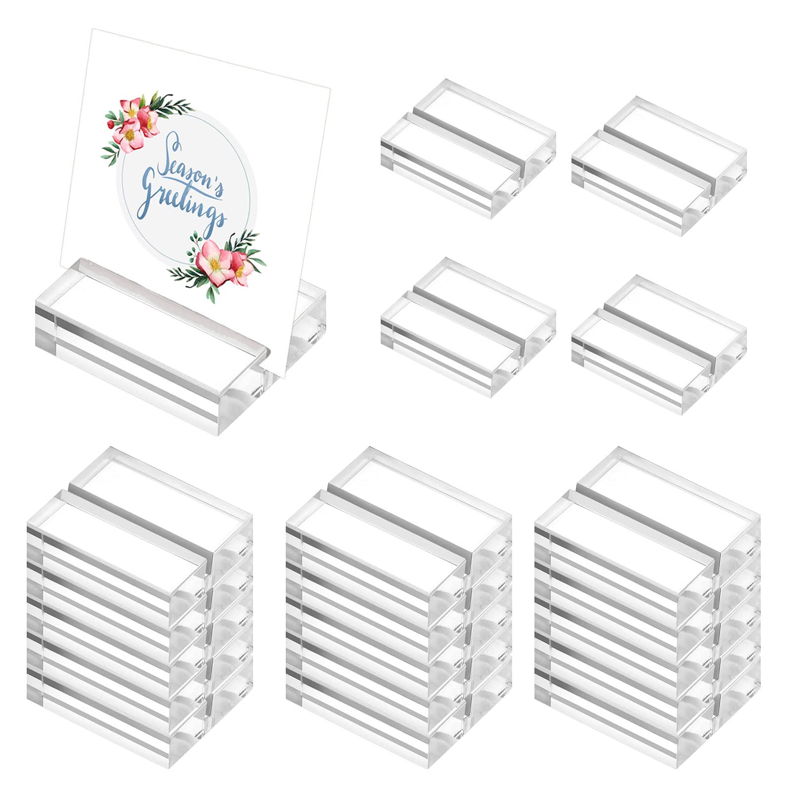 QENETY Clear Acrylic Stand with Card Slot 20Pcs Acrylic Place Card Holder Table Numbers Postcard Business Menu Holder Label Stand for Wedding Party Events Decoration - 5x3x1cm