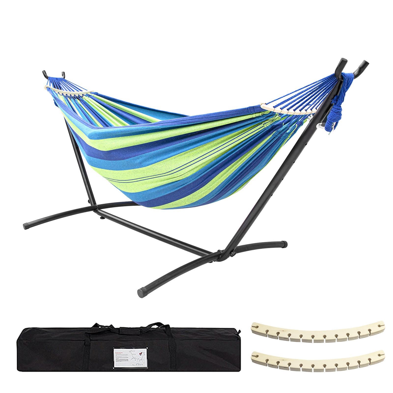 SZHLUX Double Hammock with Stand Included 450lb Capacity Steel Stand, Premium Carry Bag Included.Indoor Outdoor Brazilian-Style Cotton Bed for Backyard, Camping,Garden