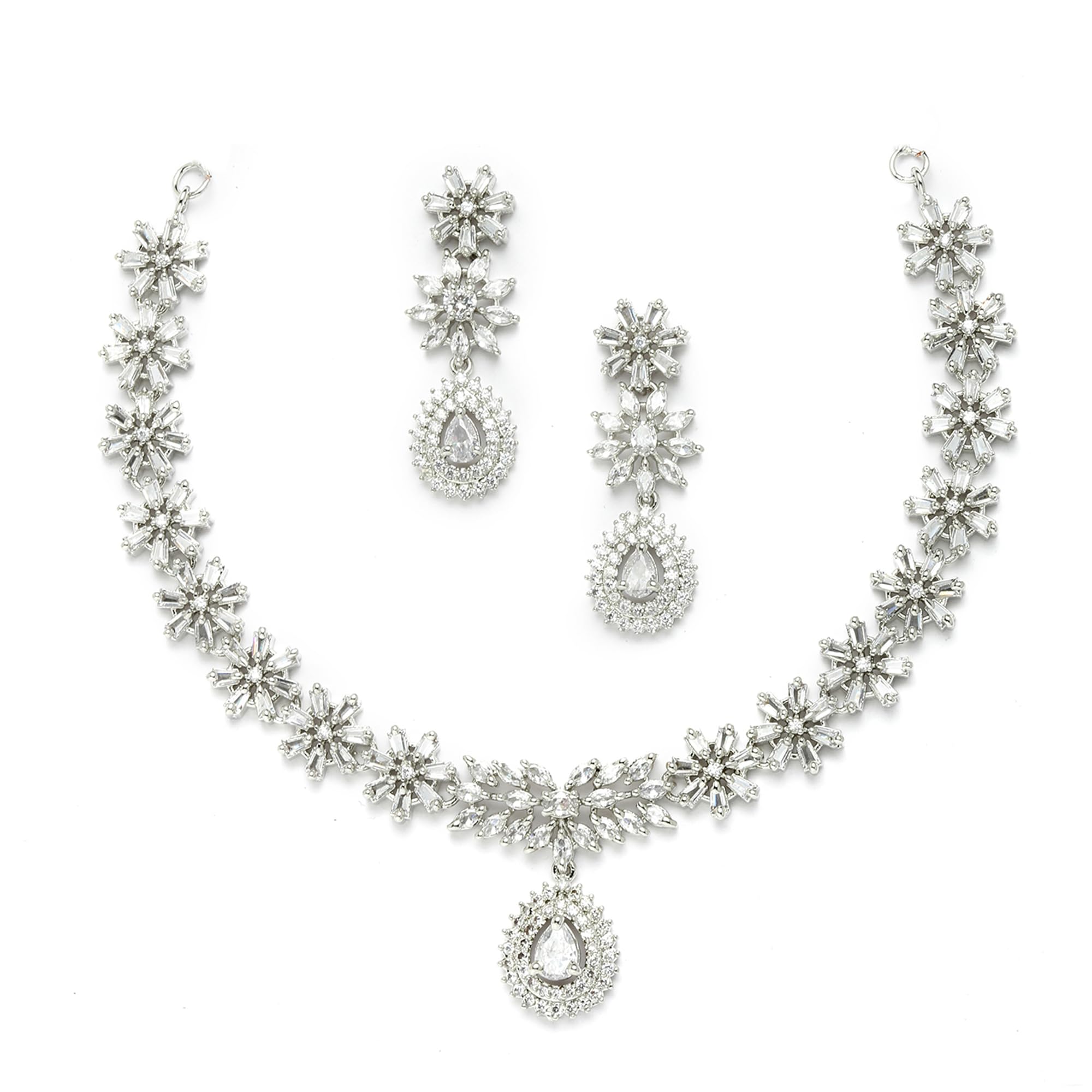 ZENEMERhodium-Plated with Silver-Toned Floral Design White American Diamond Studded Jewellery Set