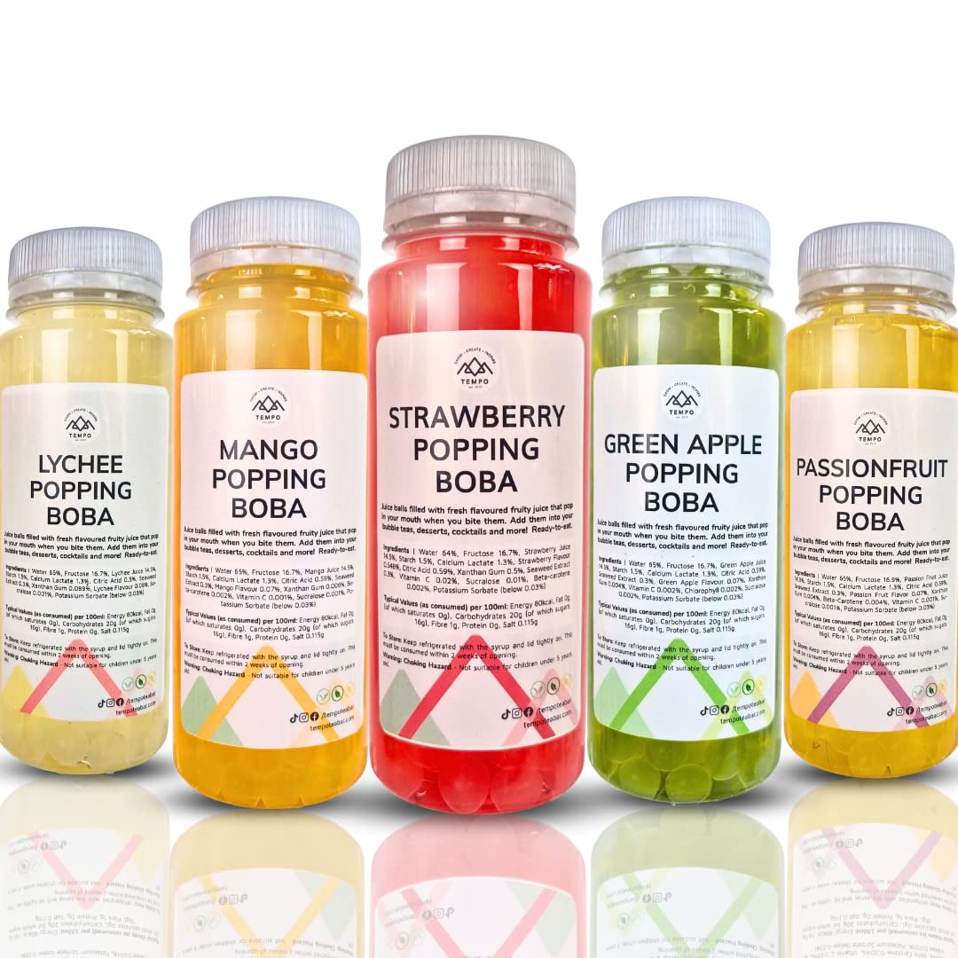 Popping Boba Pearls Multipack (5 x 260g) - Strawberry, Mango, Passionfruit, Lychee, Green Apple - Vegan, Non-Dairy, Fat-Free & Gluten-Free - Tempo Bursting Boba, 25 Servings