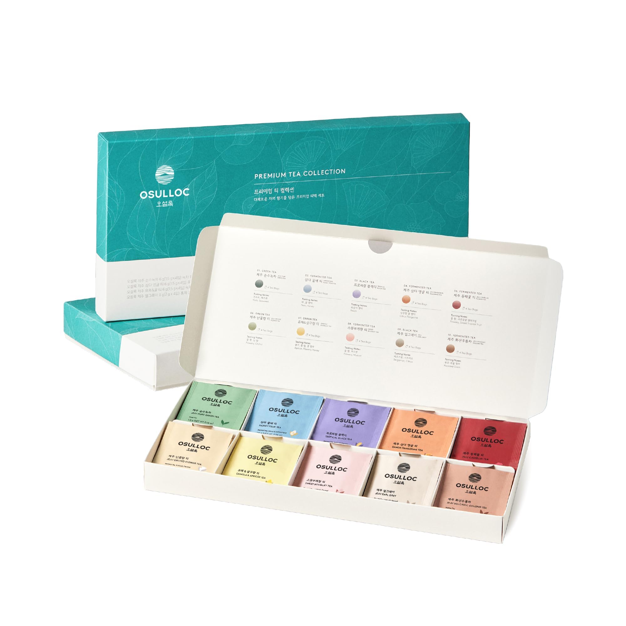 OSULLOC Premium Tea Collection (40 count, 10 flavors x 4 ea), Assorted Tea bag Sampler, Tea Gift sets for Tea lover, Self Care Gift Box, Premium Organic Pure & Blended Tea from Jeju