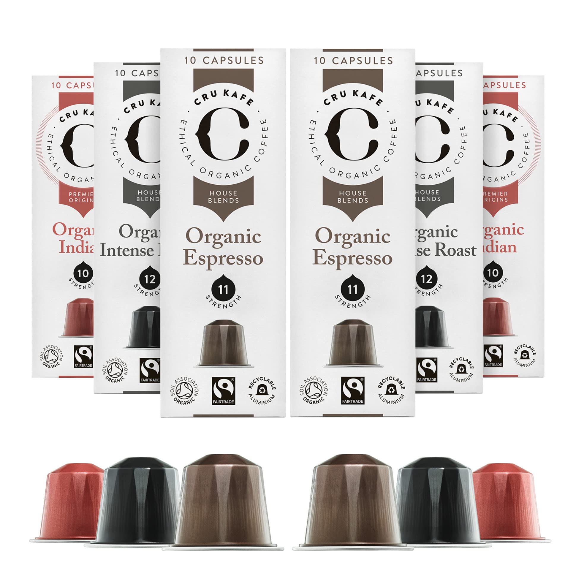 CRU Kafe Organic Strong Box | Nespresso Compatible Coffee Pods | Variety Gift Selection Pack - 60 Pods | Indian, Intense & Espresso Blends |Organic, Fairtrade & 100% Recyclable Coffee Capsules