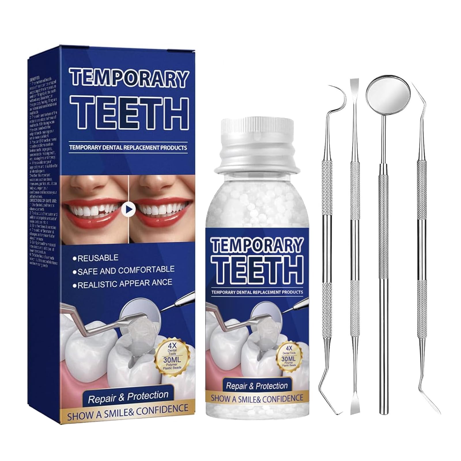 Tooth Repair Kit, Moldable Tooth Filling Repair Kit with 4 Dental Tool, Dental Care Kit Fixing The Missing and Broken Replacements, DIY Natural Filling Fake Teeth,Smile Confidently Again-1