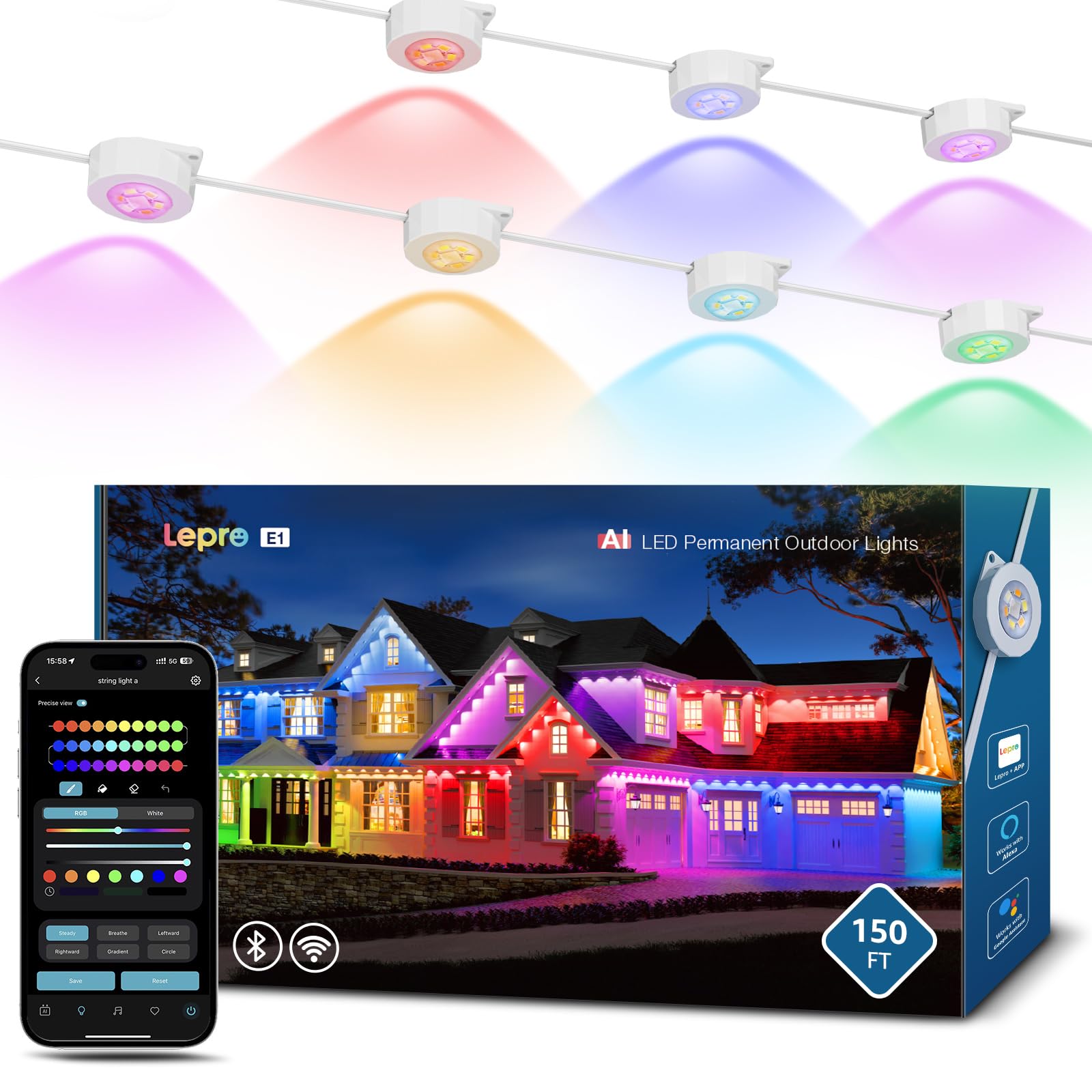 Lepro E1 AI Permanent Outdoor Lights APP Control, 150ft Smart RGB+IC Christmas House Lights with 90 Warm/Cool White LED Pucks, Alexa Google Enabled, AI Generated Lighting LLM, NO Remote, 2.4 GHz WiFi