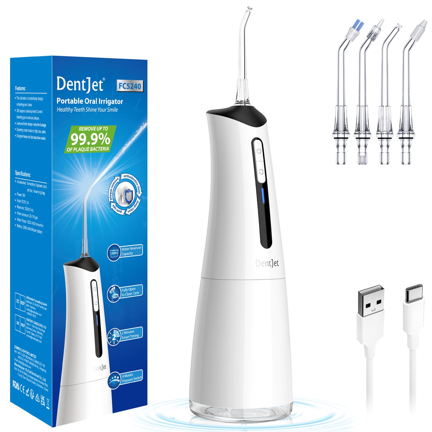 DentJet Water Dental Flosser Cordless Oral Irrigator Rechargeable, 300ml Waterproof Power Flosser Teeth Cleaning Kit for Travel and Household (2024 Update Version)