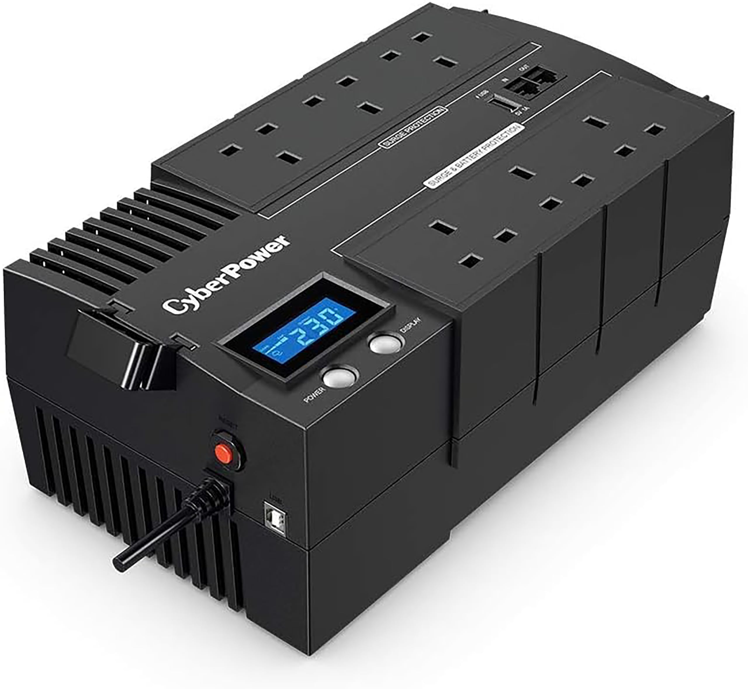 CyberpowerBR1000ELCD-UK BRICs Series, 1000VA/600W, 6 UK Outlets (3 Surge only, 3 UPS and Surge), 1 USB Charging Port, AVR, Brick Format