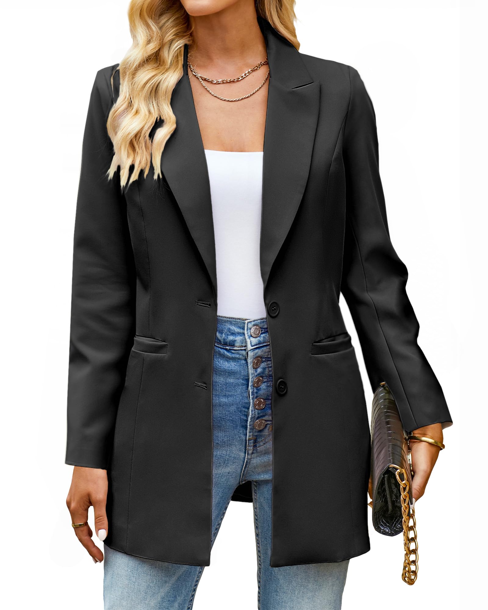 luvamia 2024 Blazers for Women Business Casual Long Blazer Jackets Dressy Work Professional Office Outfits Lapel Pockets