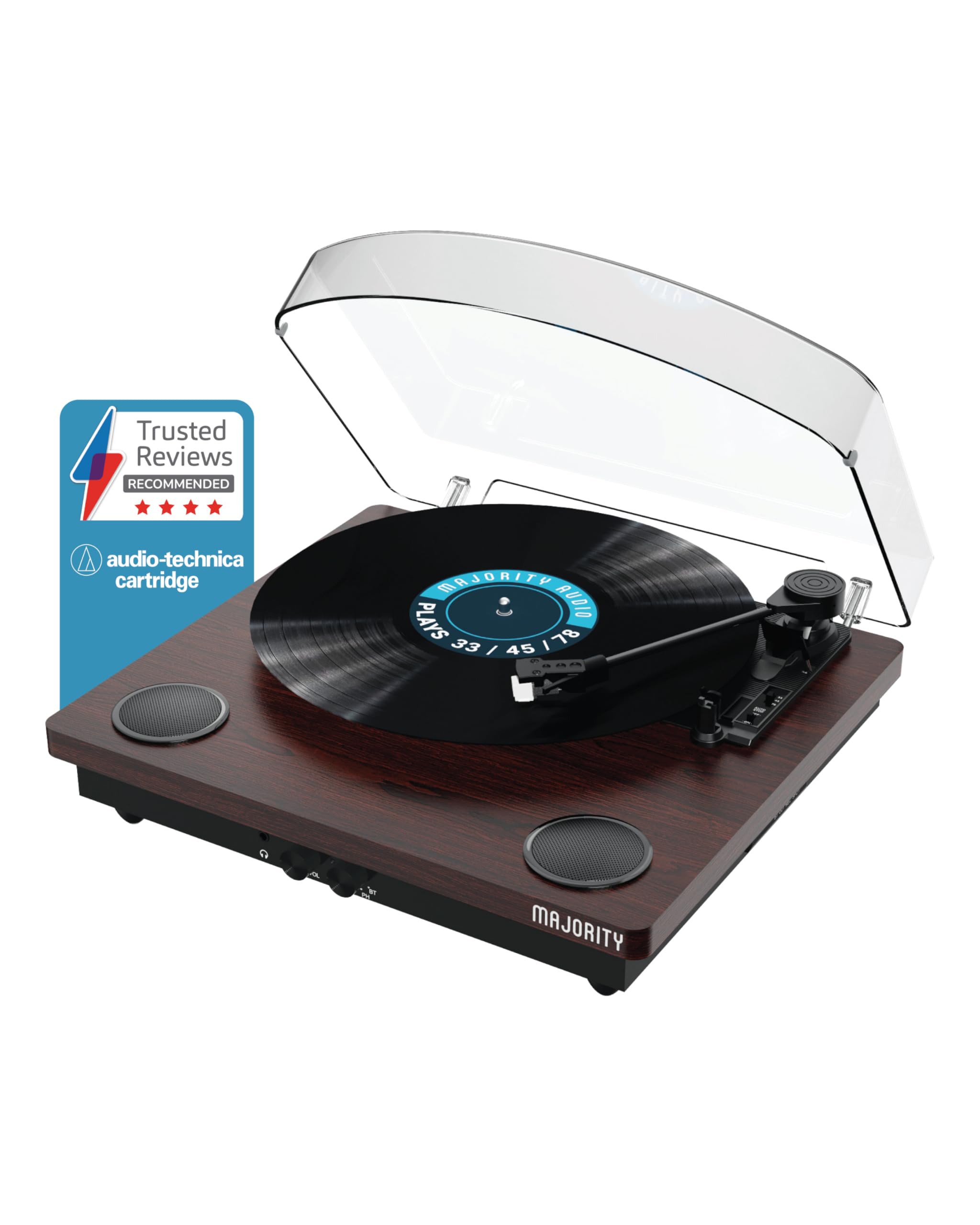 Vinyl Record Player with Bluetooth 5.3 In & Out | Premium Cartridge | USB Recording | AUX Input and RCA Output | In-built Stereo Speakers | Slipmat Included | Turntable | MAJORITY Moto (Walnut)