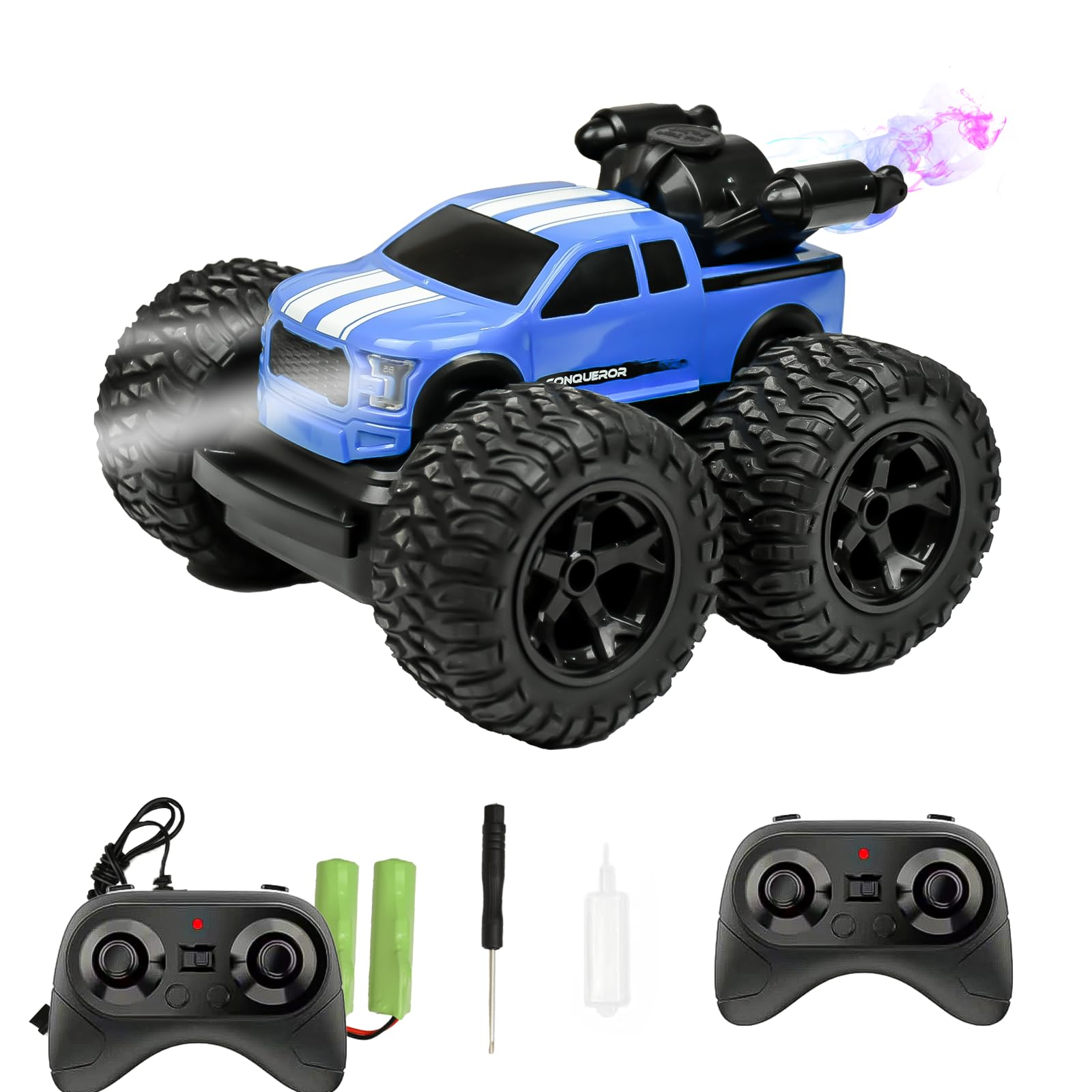 RC Monster Trucks 4x4 Offroad, All Terrain 4WD Off-Road RC Car with Spray, 360° Flips Rotating Stunt Car, Dual Motors Remote Control Toy Gifts for Boys Girls Age 6-12 and Adults