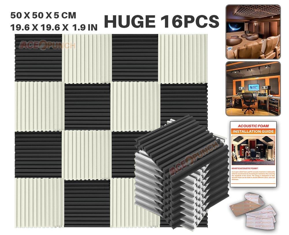 Acepunch 16 Pack 2 Colors BLACK AND WHITE Metro Striped Acoustic Foam Panel DIY Design Studio Soundproofing Wall Tiles Sound Insulation with Free Mounting Tabs 19.6" x 19.6" x 1.9" AP1041