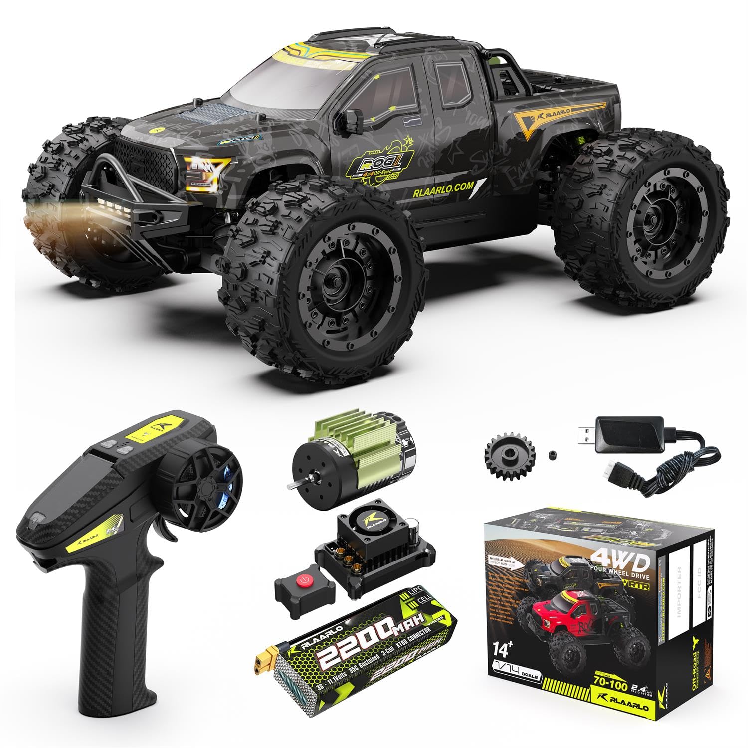 1/14 Brushless Fast RC Cars for Adults, Top Speed 60+ MPH RC Truck, All Terrain Remote Control Car Hobby Off-Road Remote Control Truck 4x4 Electric Vehicle Monster Trucks with 3S Battery