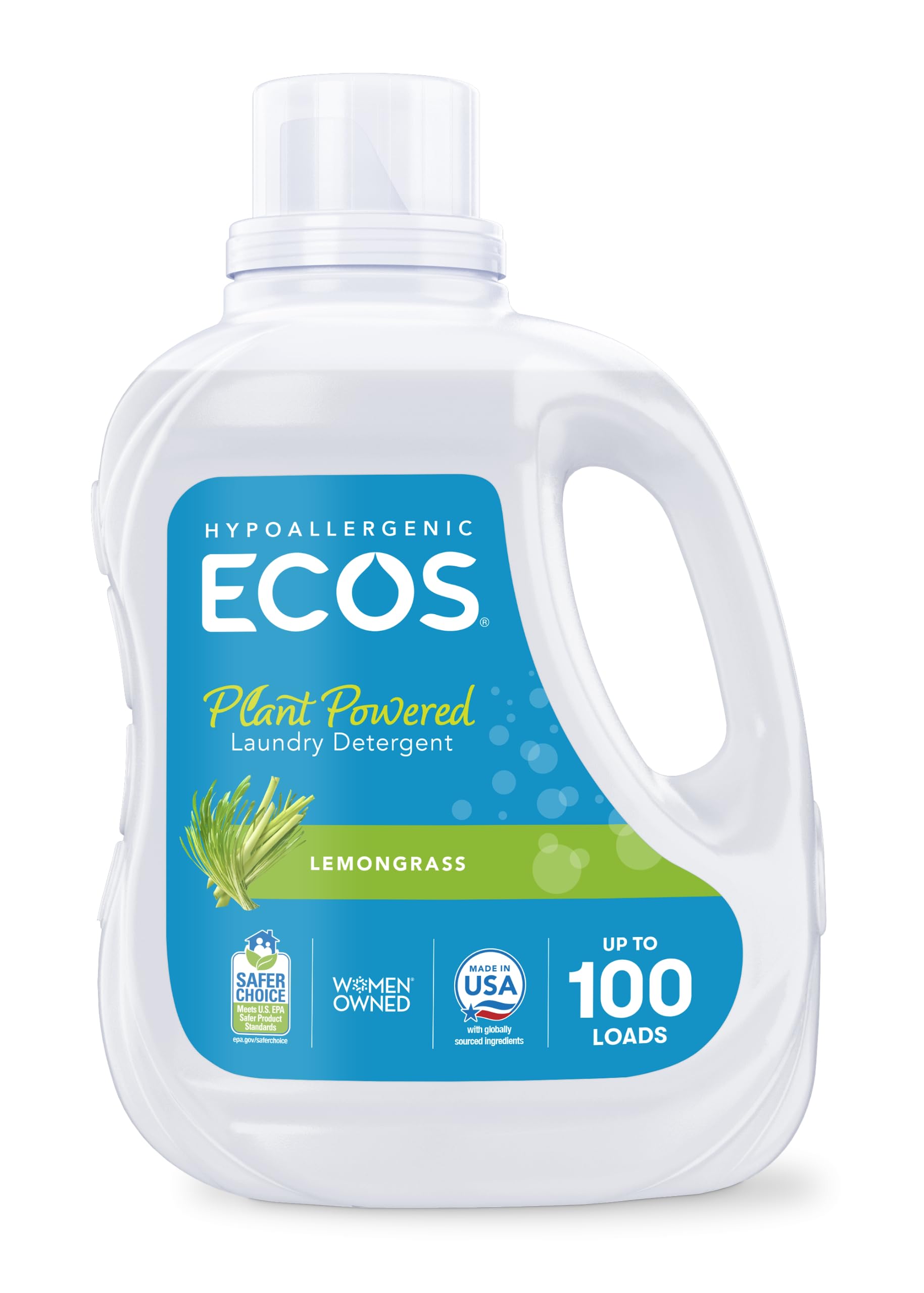 ECOSLaundry Detergent Liquid, 100 Loads - Dermatologist Tested Laundry Soap - Hypoallergenic, EPA Safer Choice Certified, Plant-Powered - Lemongrass, 100 Fl Oz