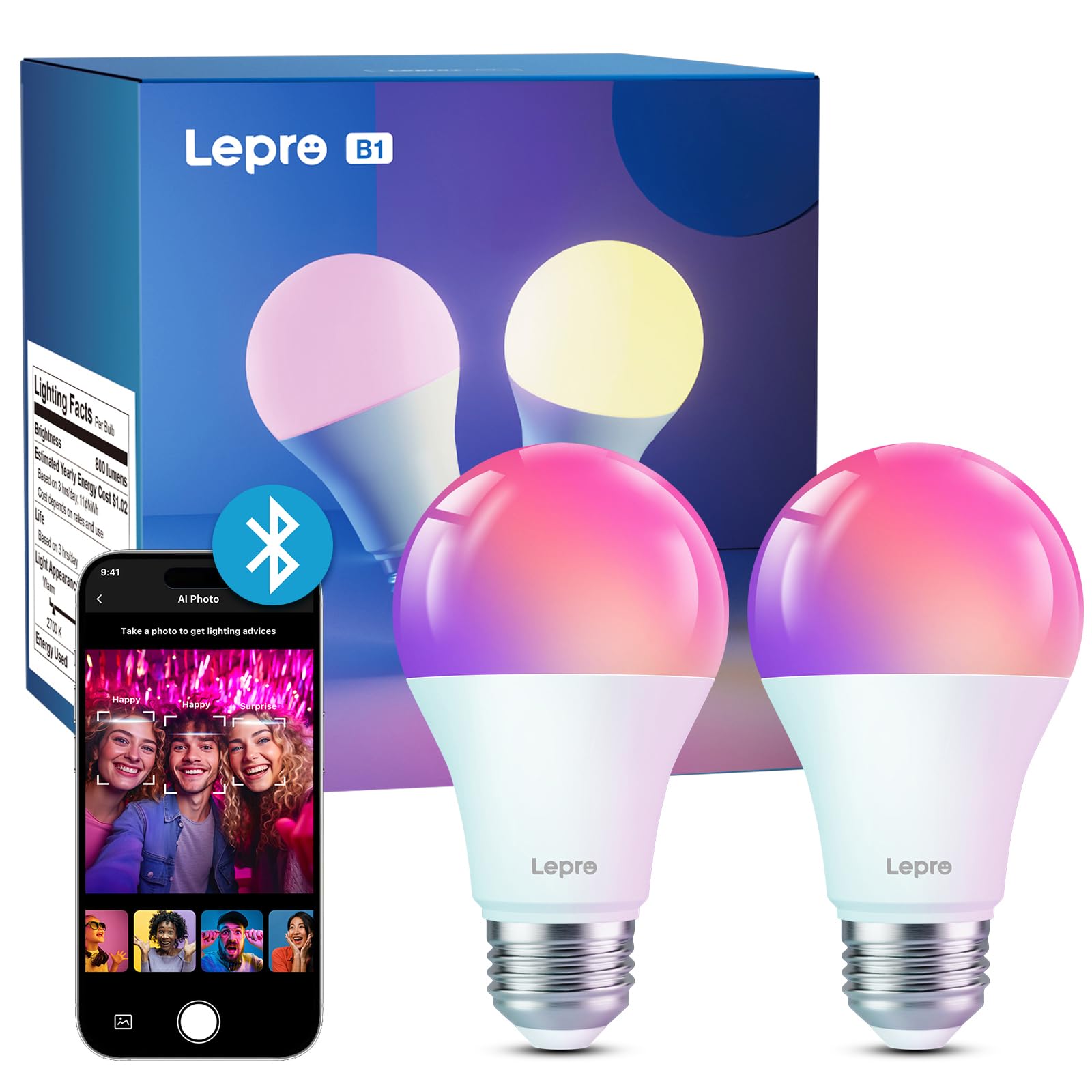 LeproSmart Bulb, E27 Multi-Color RGBCCT LED Bulb 2700K-6500K Compatible with Alexa, Emotion Recognition and Voice Controls, B1