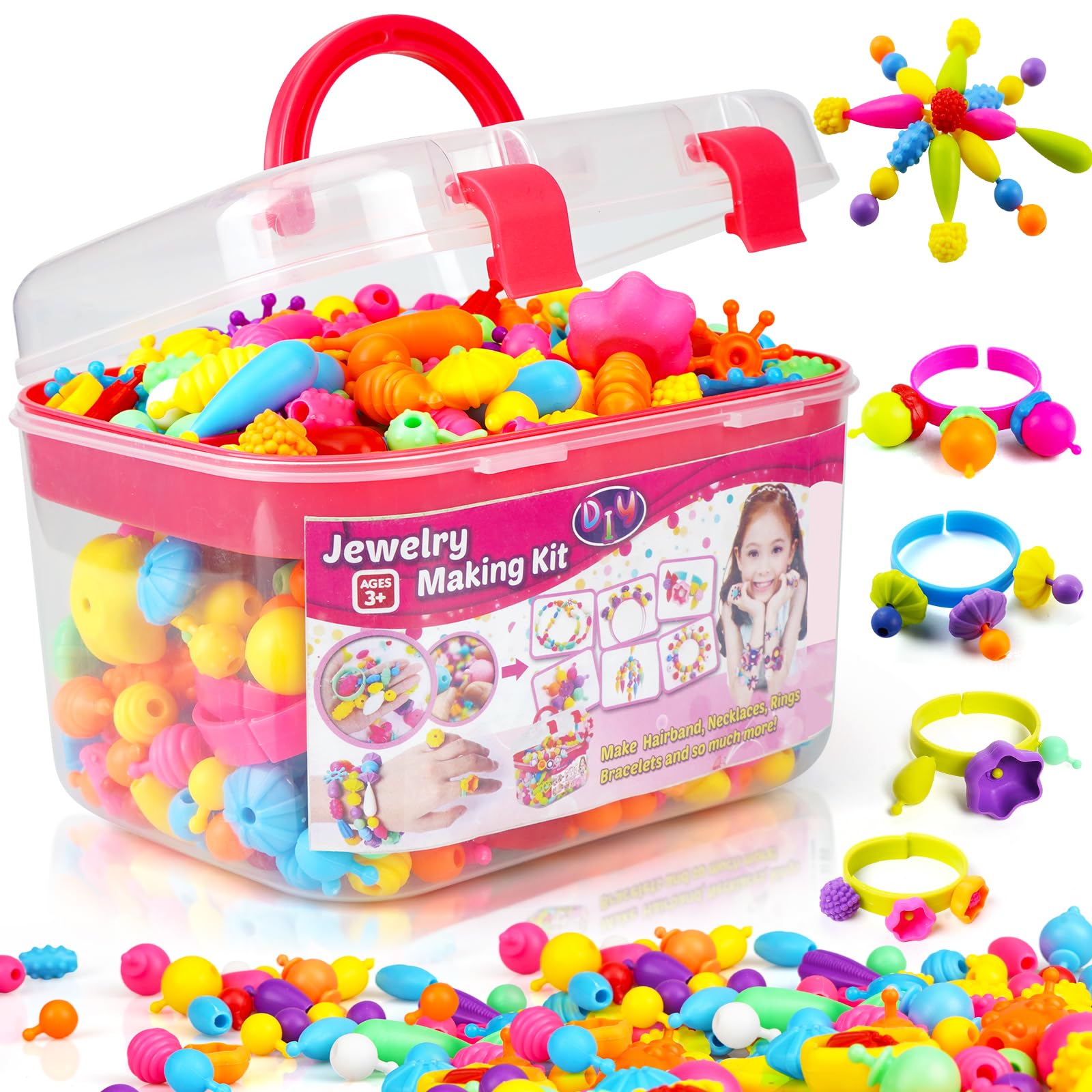 FUNZBO 520+ Snap Pop Beads - Beads for Jewelry Making Kit, Arts and Crafts Supplies, Toys for Girls, 3 4 5 6 7 Year Old Girl Birthday Gifts, Crafts for Kids Ages 4-8, Christmas Girls Toys Age 6-8