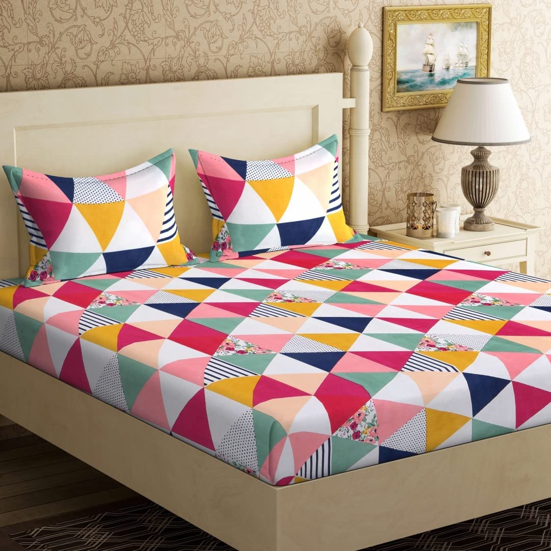 Delight ZoneDelight Zone Prime Collection Supersoft Glace Cotton 160TC Printed Double Bedsheet with 2 Pillow Covers (Multicolour) Size 90 x 90 Inch - Coloured Triangles - Gold BS