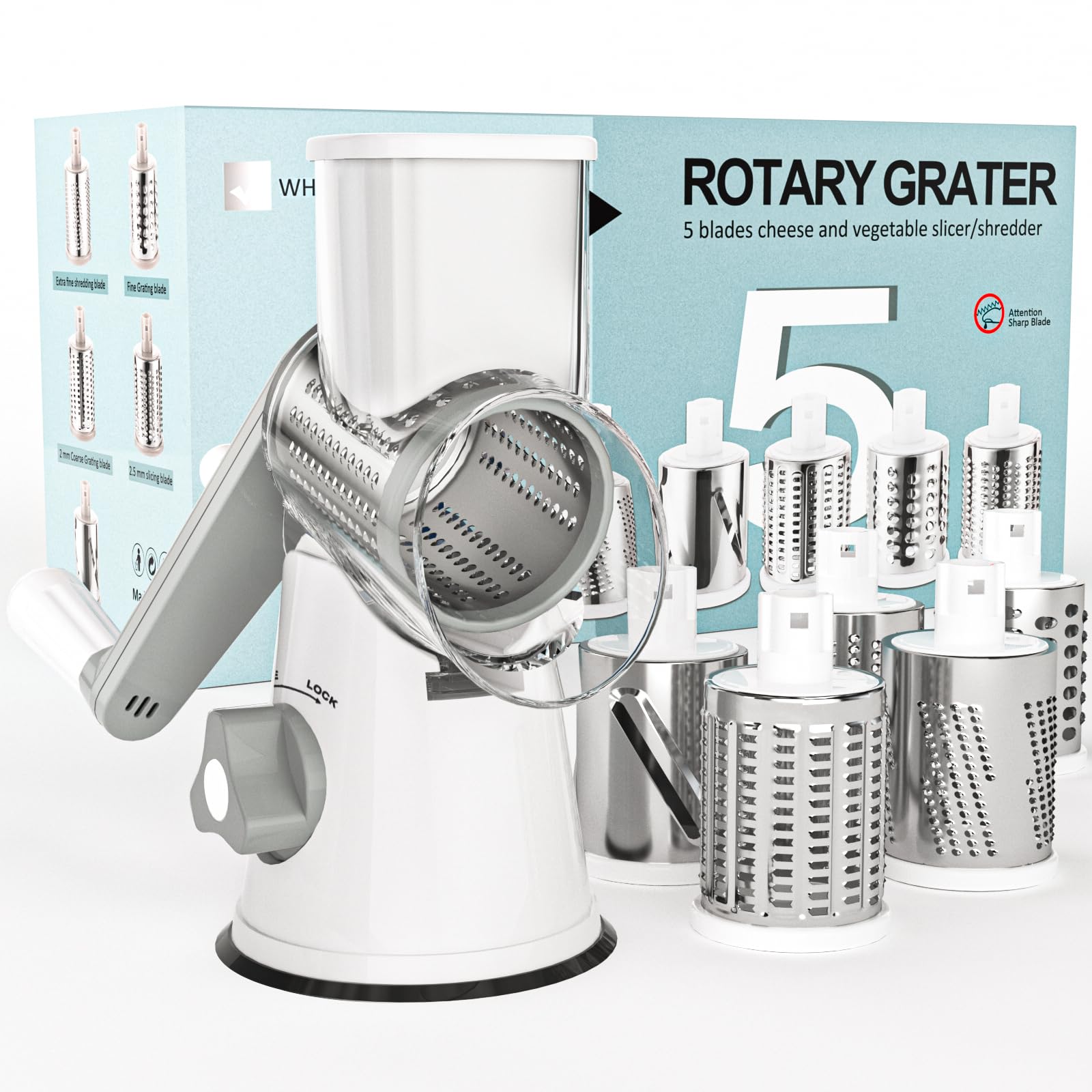 Cambom Rotary Cheese Grater Hand Crank Cheese Shredder for Fresh Cheese, Vegetable, Nuts,Non-slip Suction Base, Five Blades, White