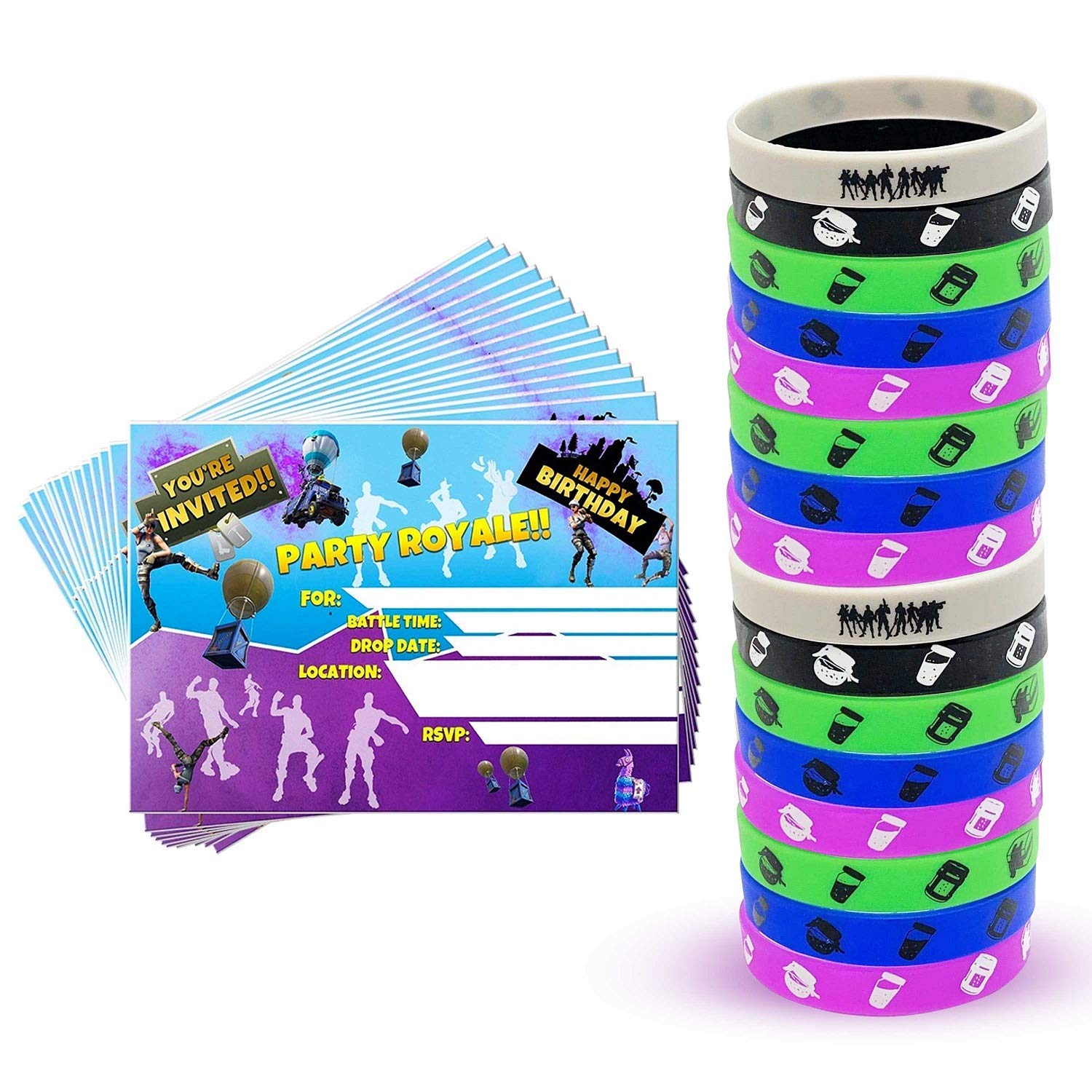 46 pcs Party Invitations, Gamer Party Bracelets and Envelopes set | Video Game Party Favors | Birthday invitations | Gaming Party Supplies for Boys | Party Wristbands | Birthday Bracelets for Boys