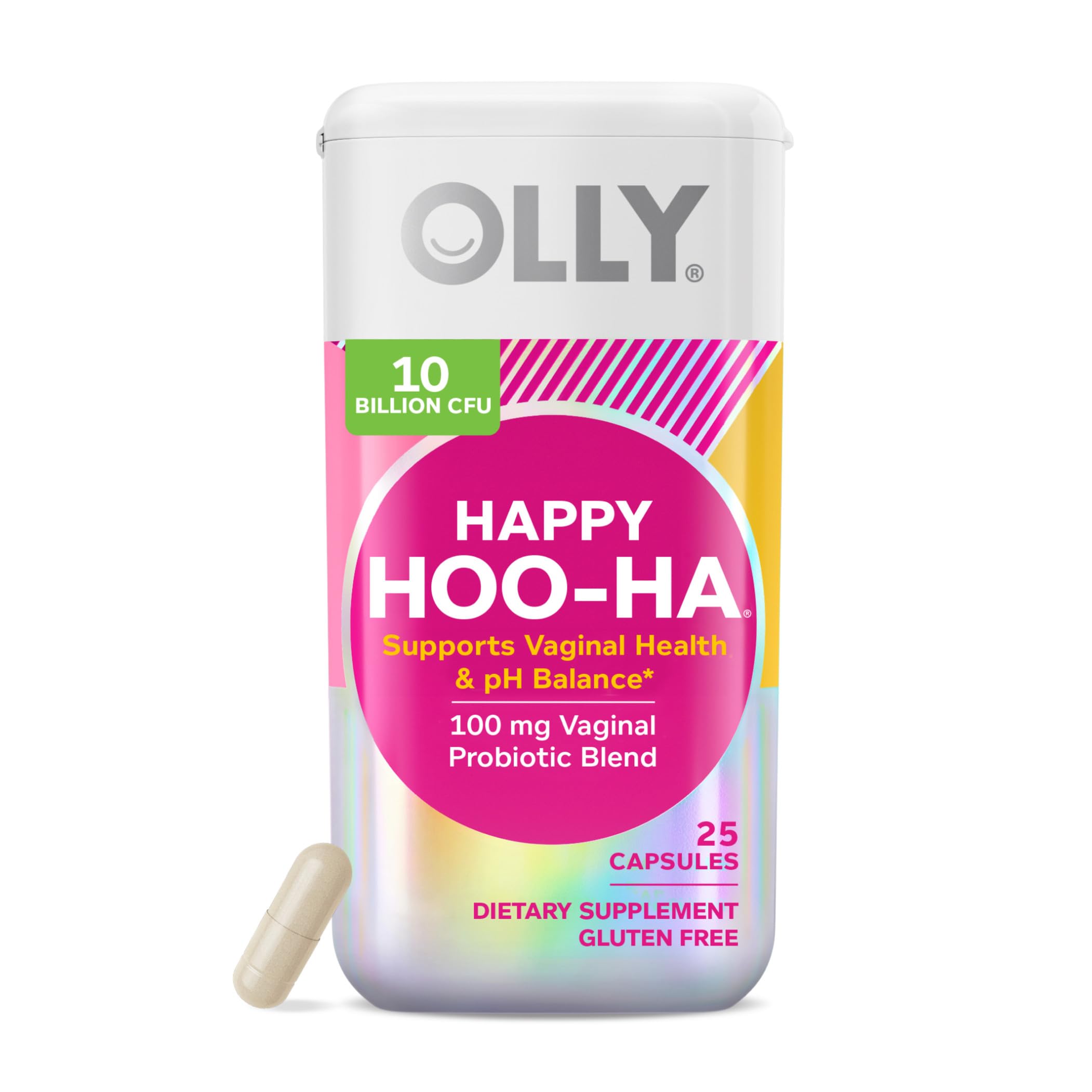 OLLY Happy Hoo-Ha Capsules, Probiotic for Women, l Health and pH Balance, 10 Billion CFU, Gluten Free - 25 Count (Packaging May Vary)