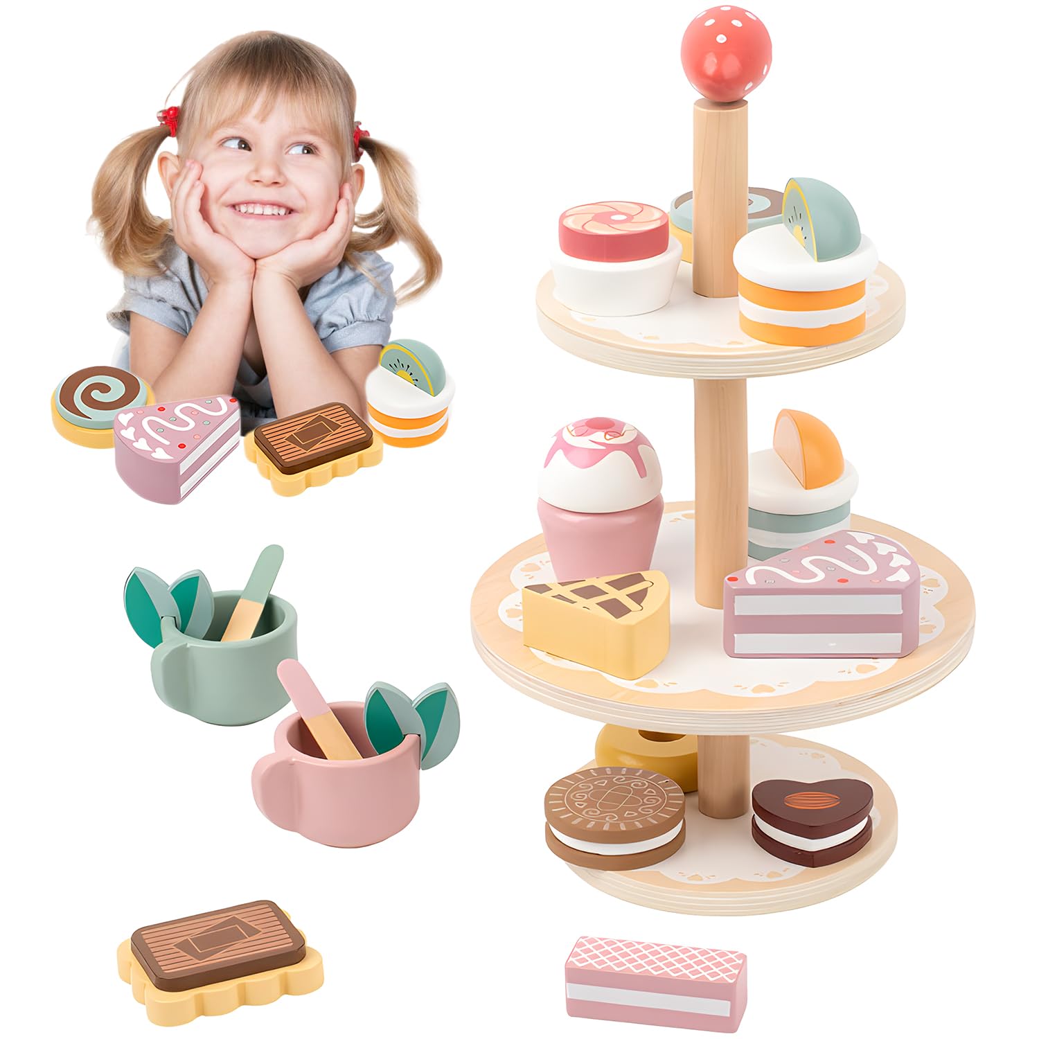 TOYBY Wooden Tea Set for Toddlers Tea Party Set for Children with Dessert Tray Teapot Wooden Play Food Toy Kitchen Accessories Kids Tea Set Role Play Toys Gifts for girls 2 3 4 5 Years