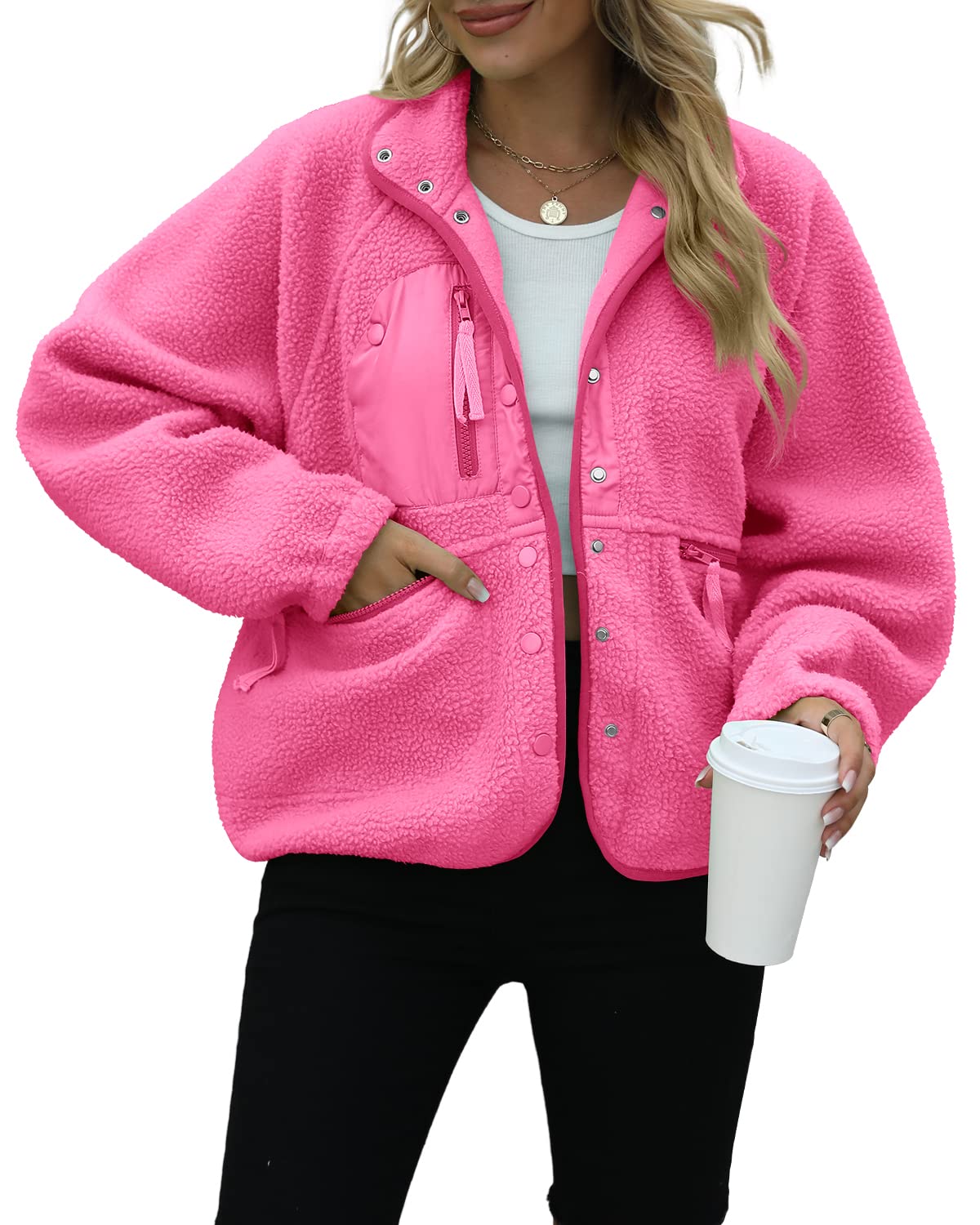 ReachMeWomens Casual Lapel Long Sleeve Sherpa Jacket Button Down Fuzzy Fleece Coat Winter Y2K Outwears With Pockets