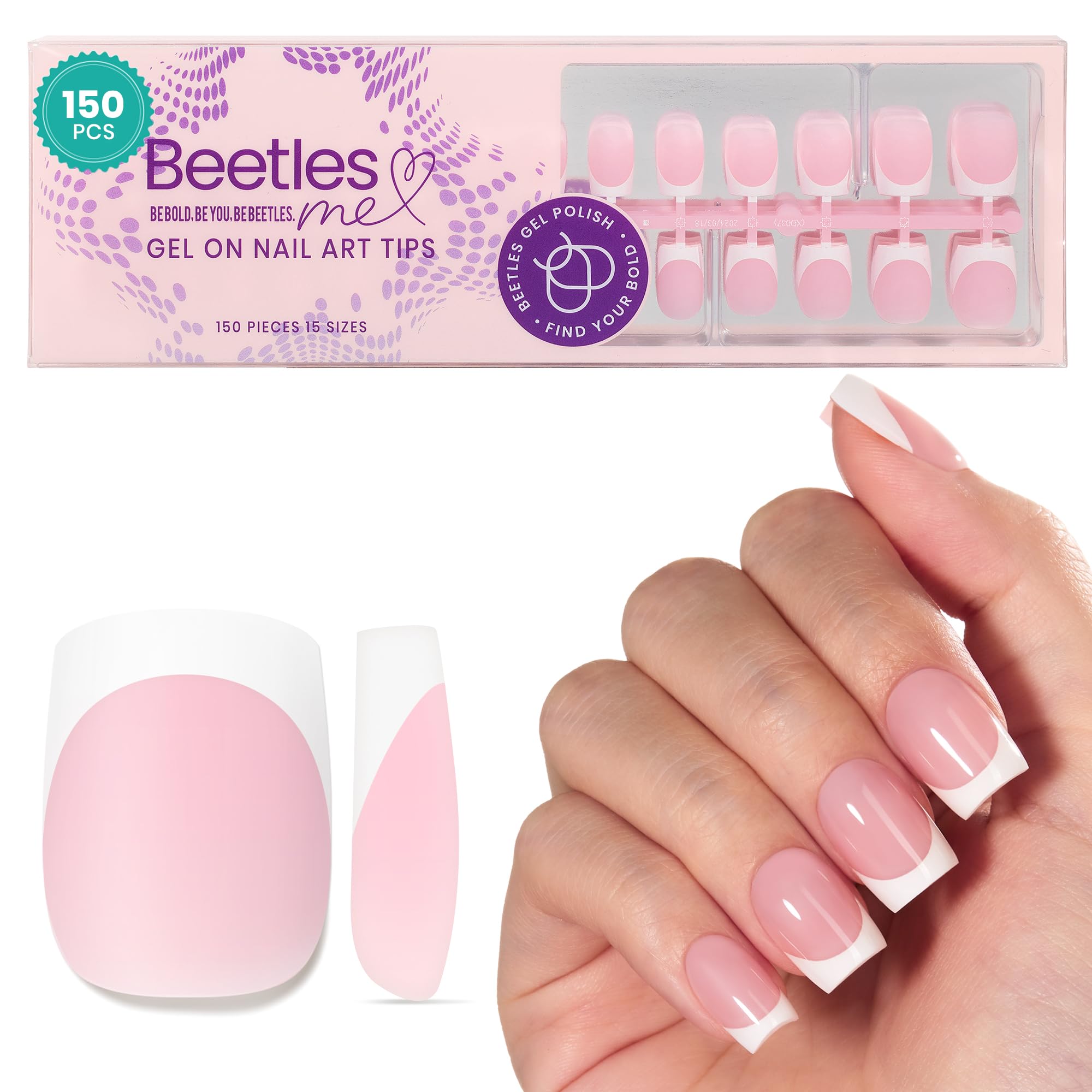 Beetles French Tip Press On Nails: 150 Pcs Pink Short Square Press On Nails 4 in 1 Nail Tips Gel Nail, Pre-Applied Primer and Base Coat, No File Need DIY Manicure for Nail Extension Designs and Gift