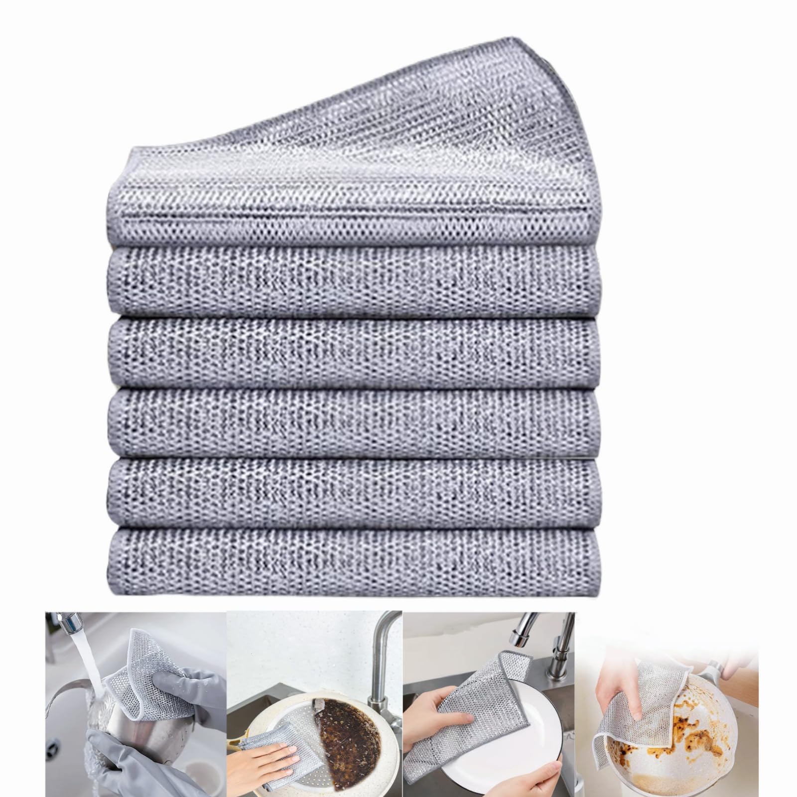 2024 New Multipurpose Wire Miracle Cleaning Cloths, 6 Pack Wire Dishwashing Rags for Non-Stick Cookware, Kitchen, Sinks, Scrubs & Cleans for Dishes, Durable & Reuseable Cleaning Cloths (6 Silver)