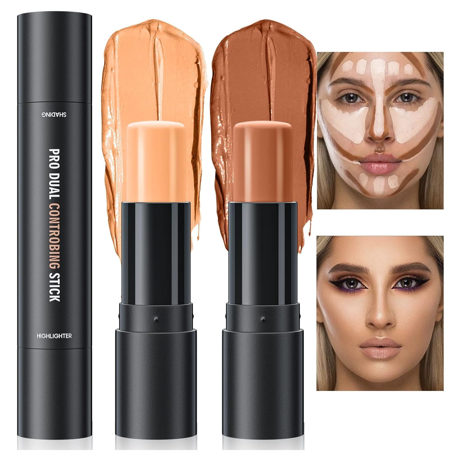 2 in 1 Contour Highlighter Stick, Dual Face Shaping & Contouring Stick, Cream Bronzer Highlighter, Waterproof Long-Lasting Face Body Contour Stick Makeup Bronzer Stick (03#Natural Color-Medium Brown)