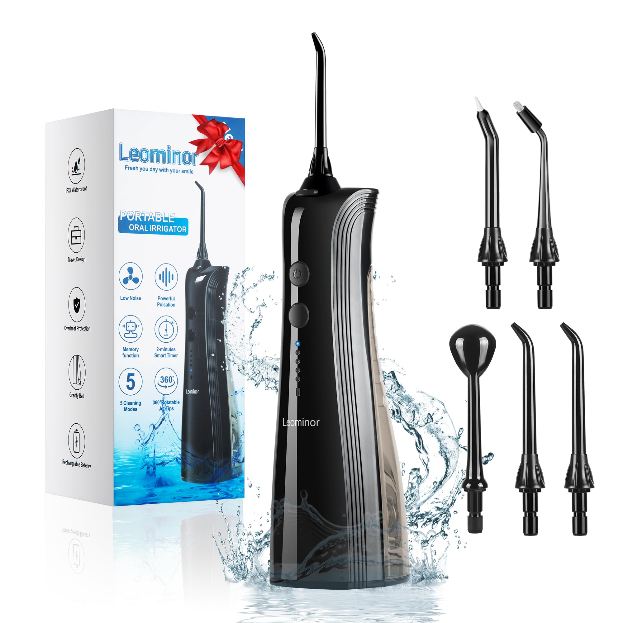 LeominorWater Dental Flosser Pick for Teeth - 5 Modes Cordless Portable Water Teeth Cleaner IPX7 Waterproof Oral Irrigator Rechargeable, Professional Flossing Cleaning Picks for Home Travel (Black)