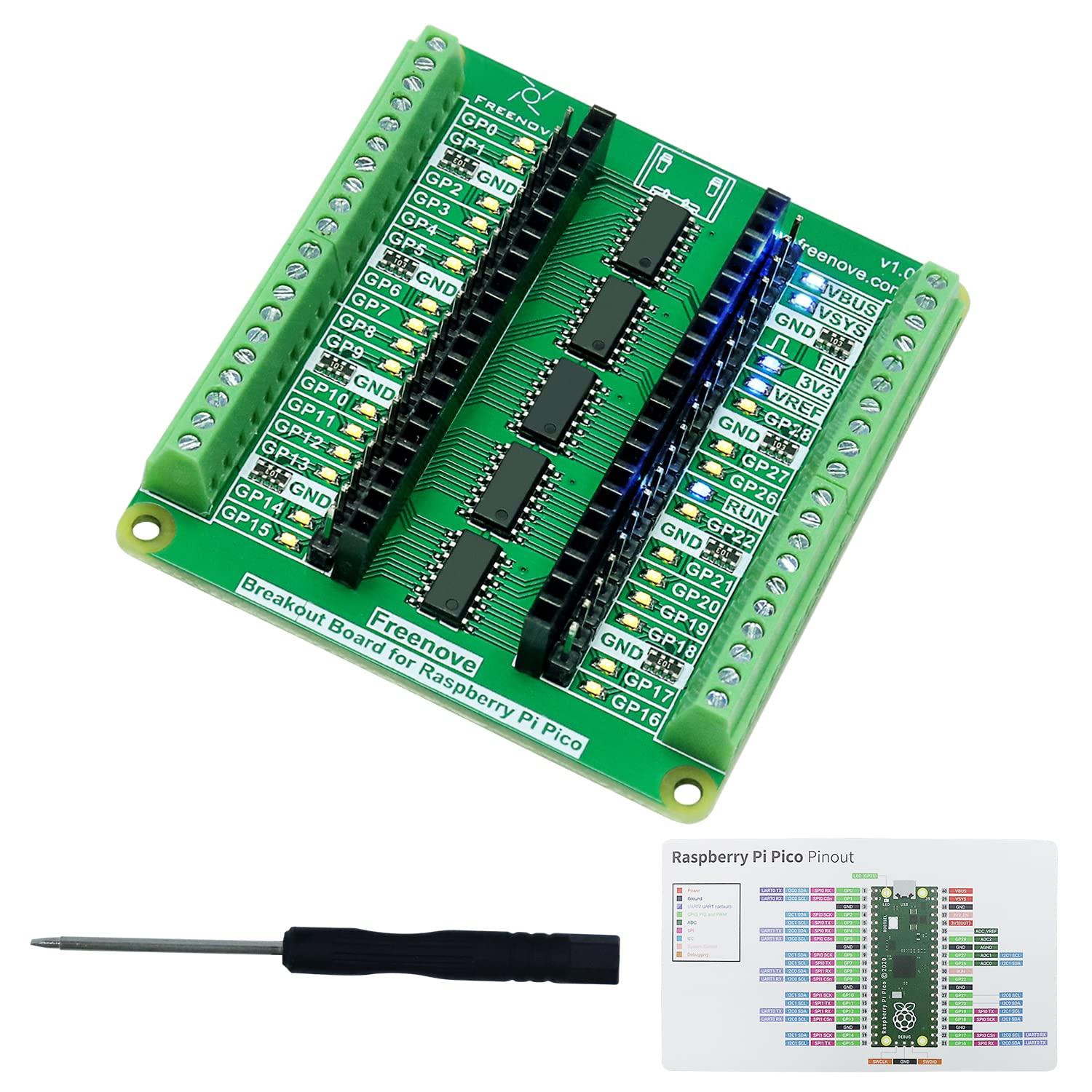 FREENOVE Breakout Board for Raspberry Pi Pico/Pico H/Pico W, Terminal Block Shield with Pin Header, GPIO Status LED