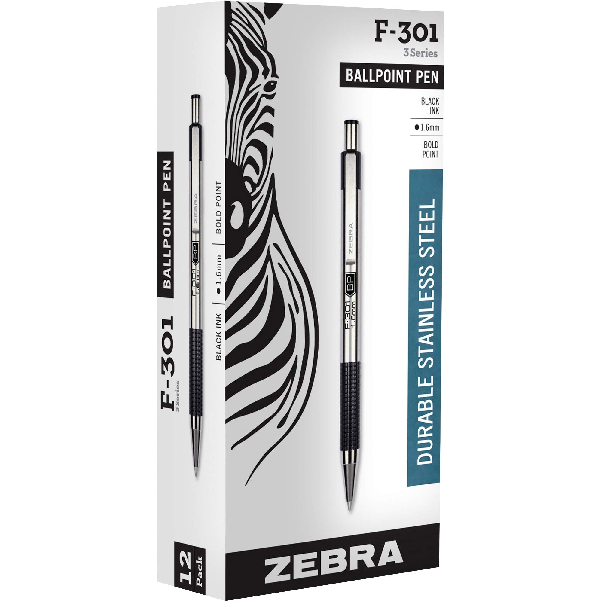 Zebra F-301 BOLD Stainless Steel Retractable Ballpoint Pen, 1.6mm, Black, 12-Pack (27310)