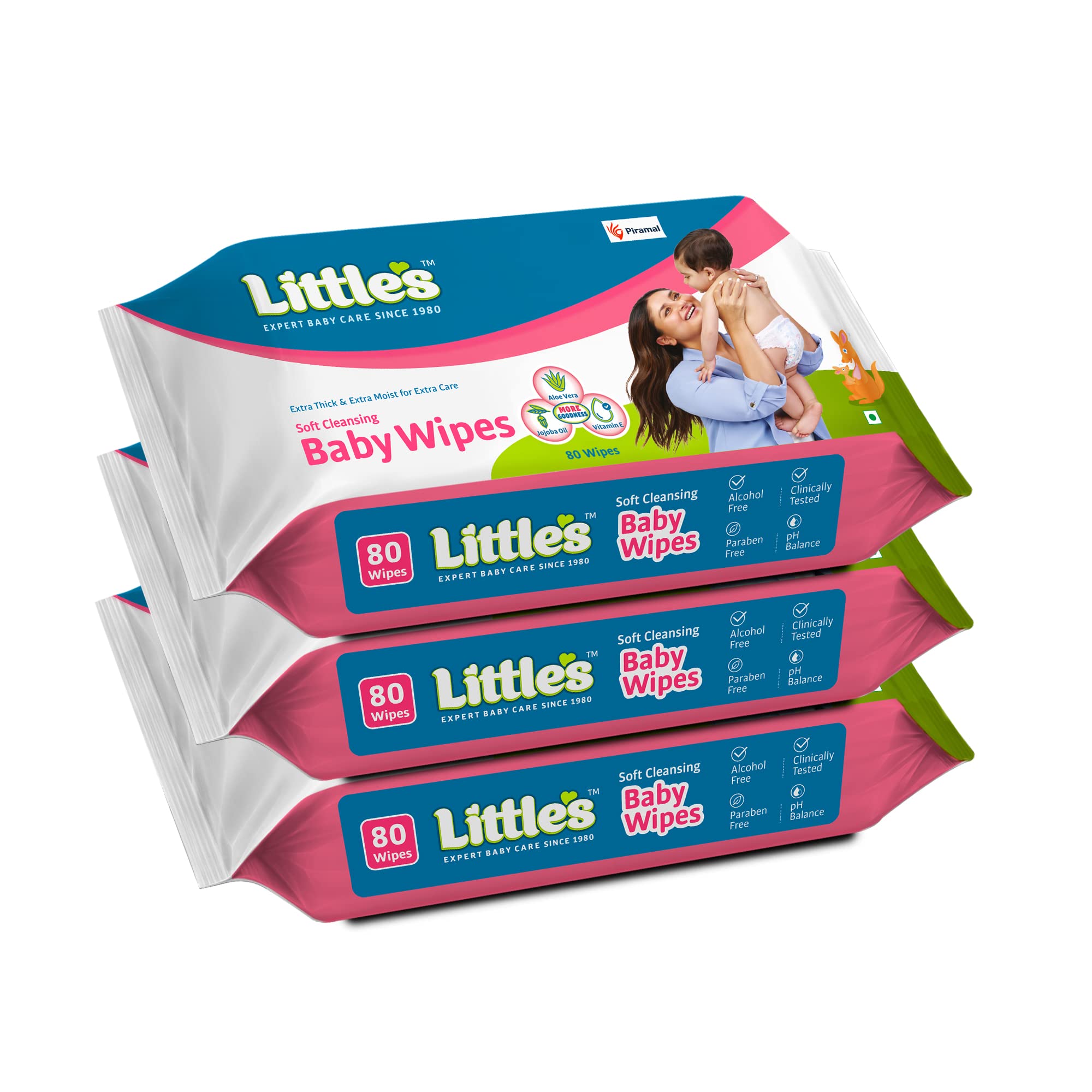 Little's Soft Cleansing Baby Wipes | 80 Wipes x 3 - 240 Wipes | Extra Thick & Moist Wet Wipes for Baby's | Prevents Rashes & Redness with Goodness of Aloe Vera, Vitamin E & Jojoba Oil