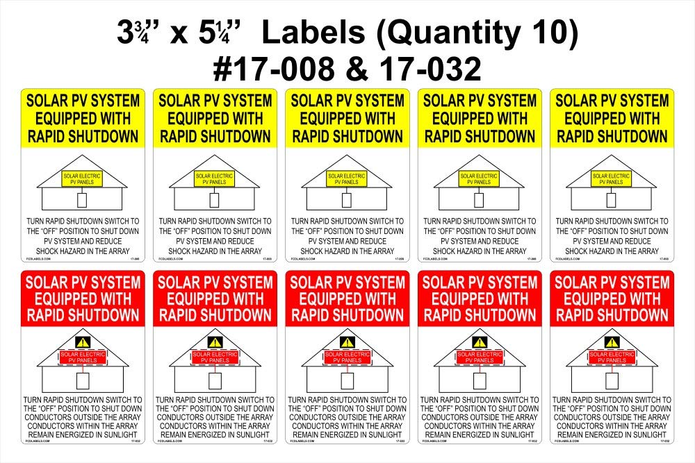 17-008 and 17-032 Solar PV System Equipped with Rapid Shutdown Vinyl Label Pack (Pack of 10)