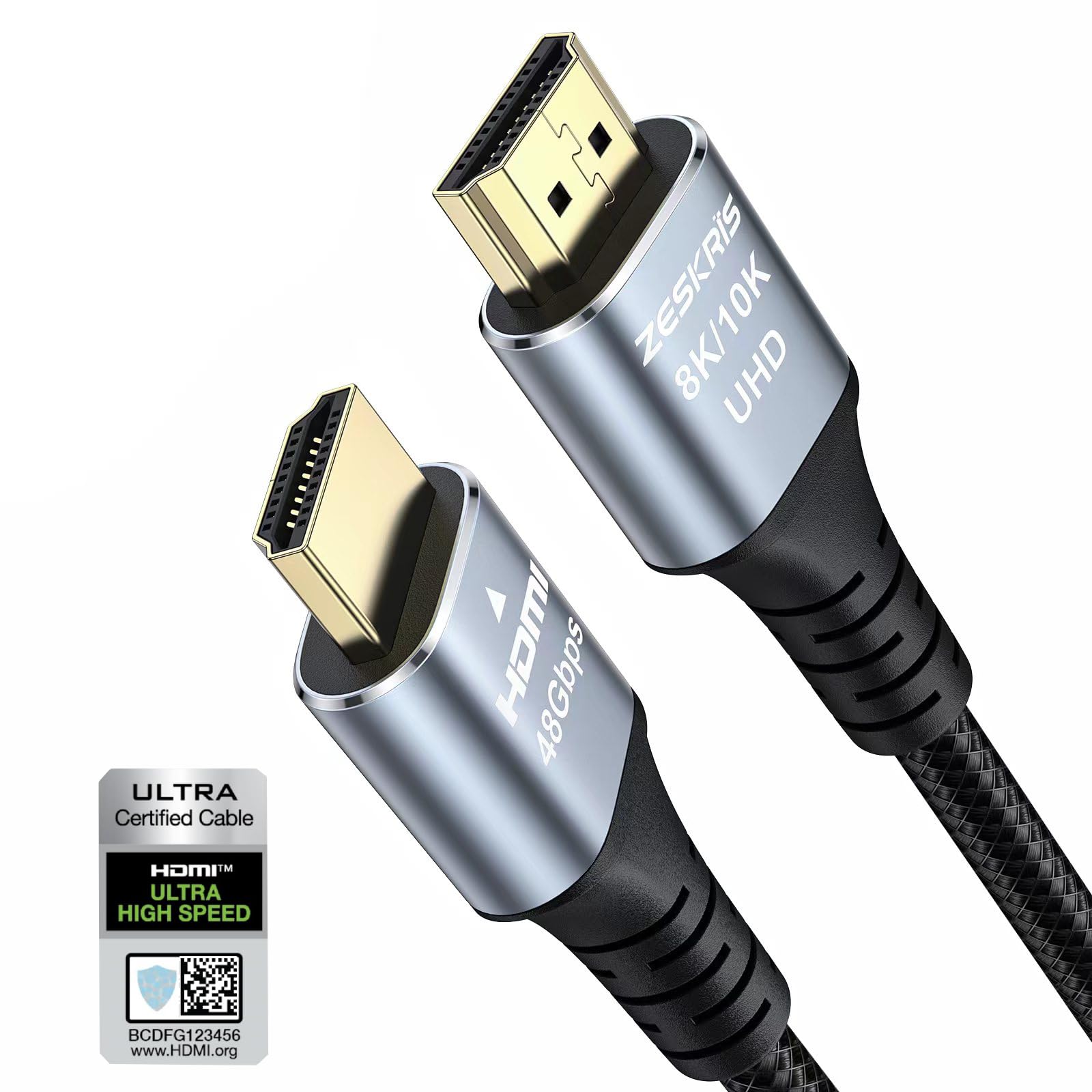 ZESKRIS3.3FT/1M 10K 8K HDMI 2.1 Cable, 48Gbps Ultra High Speed HDMI Braided Cord Cable, 4K@120Hz 144Hz 8K@60Hz eARC HDR10 HDCP 2.2 2.3 HDMI Cables for Laptop, Monitor, PS5, Soundbar, Xbox, 8K TVs