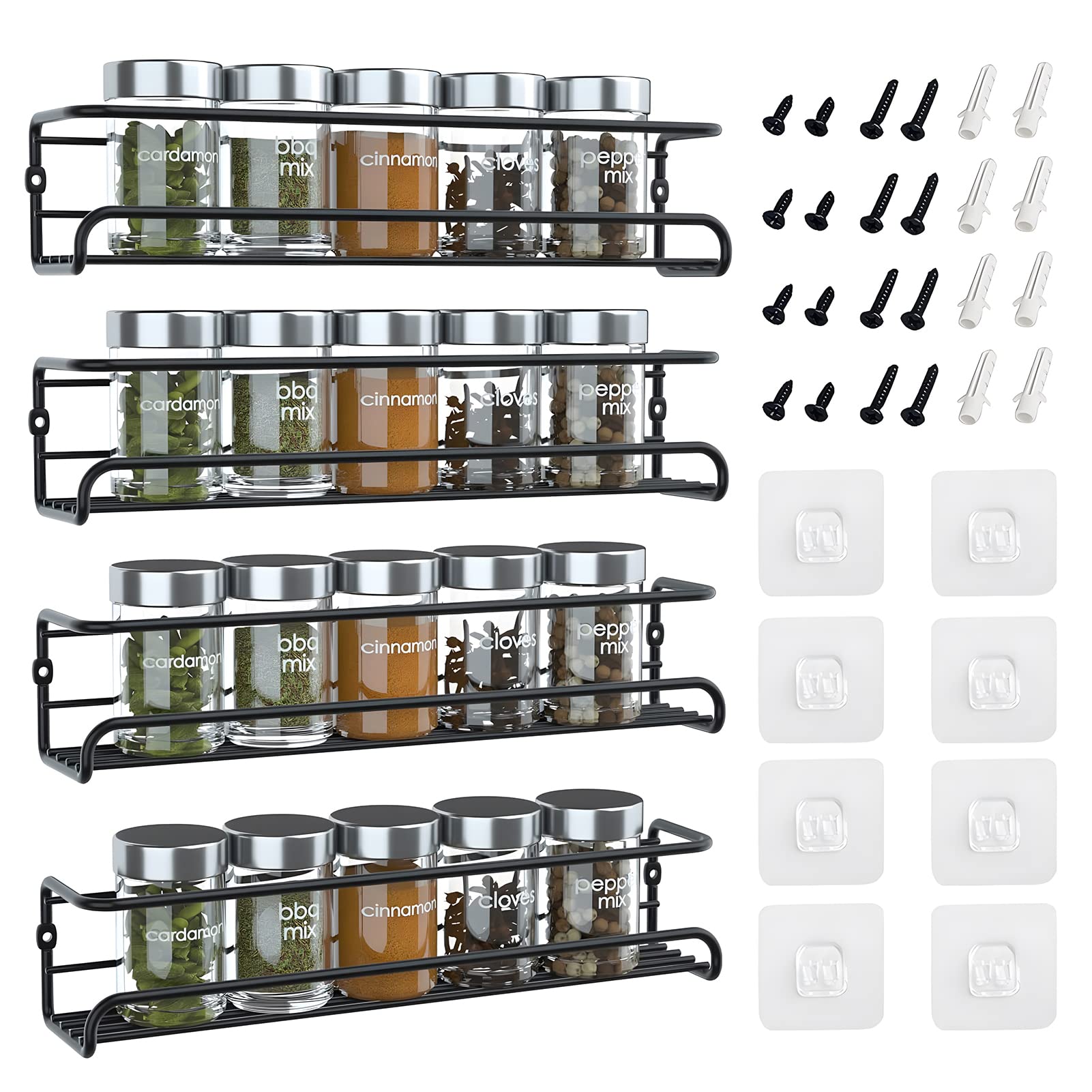 VAODO Wall Mount Spice Rack 4-Tier, Space-Saving Wall Spice Rack Organizer, Spices Set Organizer, Easy to Install Set of 4 Hanging Racks for Kitchen Cabinet, Cupboard or Pantry Door