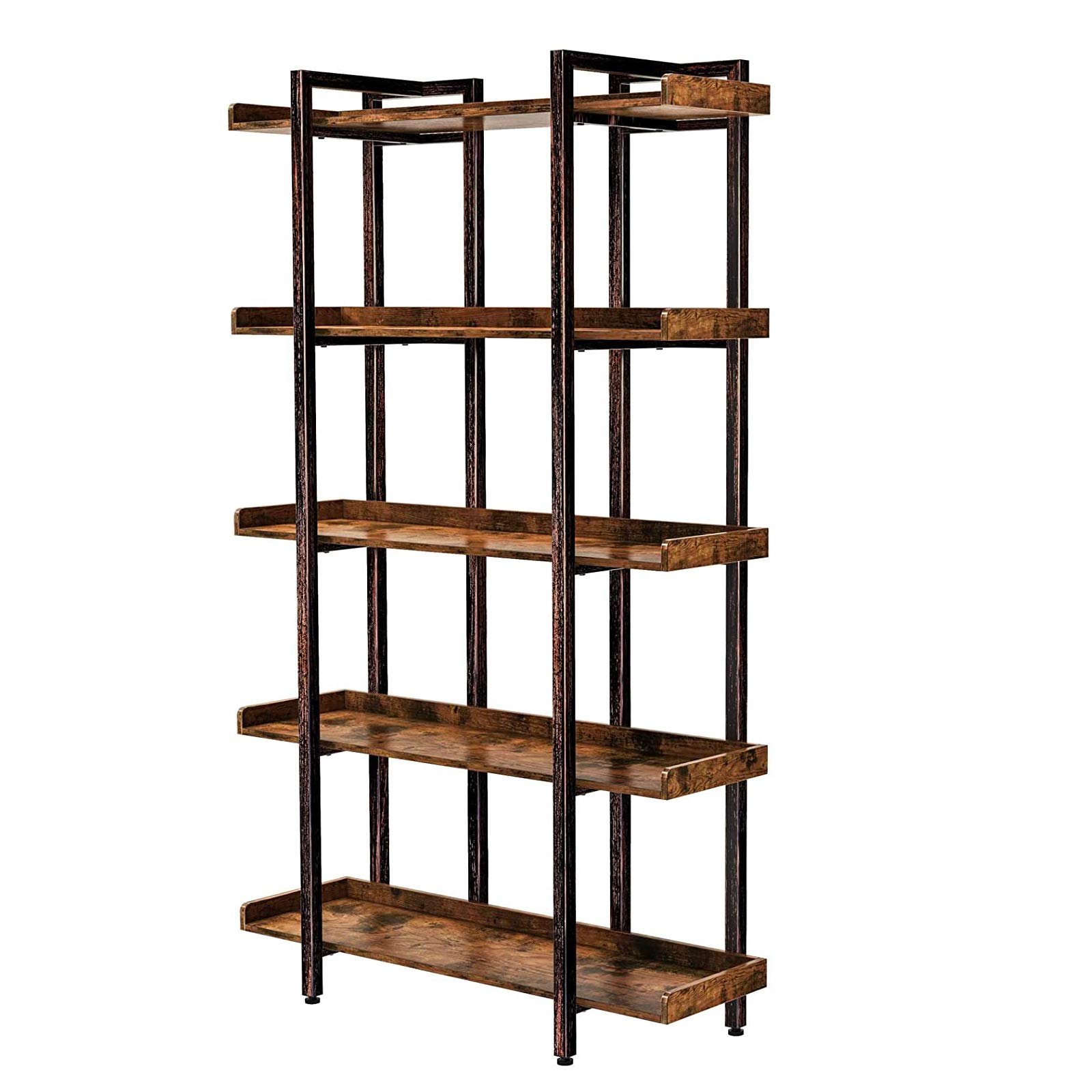 Rolanstar Bookshelf 5-Tier, 71.8’’H Industrial Book Shelf, Large Bookcases and Bookshelves with Open Shelves, Open Display Shelves with Metal Frame for Living Room Bedroom Home Office, Rustic Brown