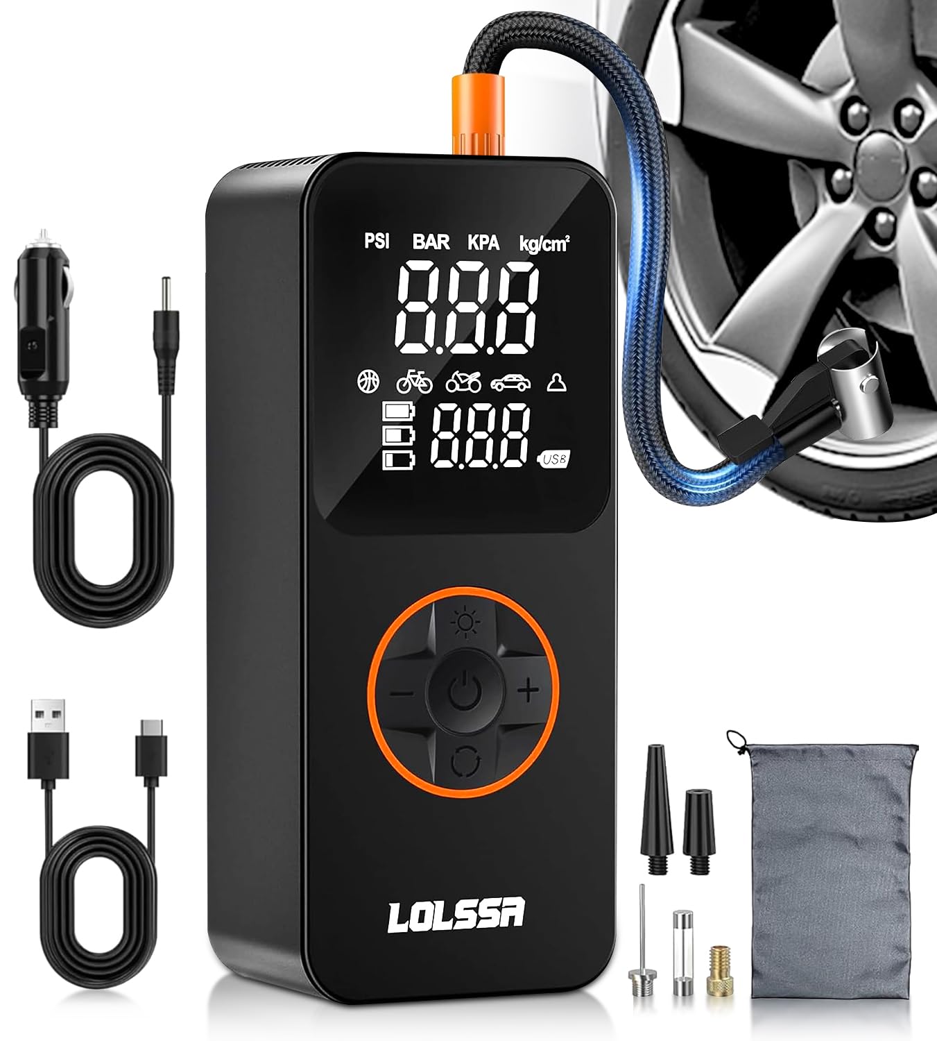 Tire Inflator Portable Air Compressor-Air Pump 150PSI Cordless Electric for Car, Motorcycle, Bike, Ball, with Tire Gauge Pressure, Dual-Use Type (Black Orange)