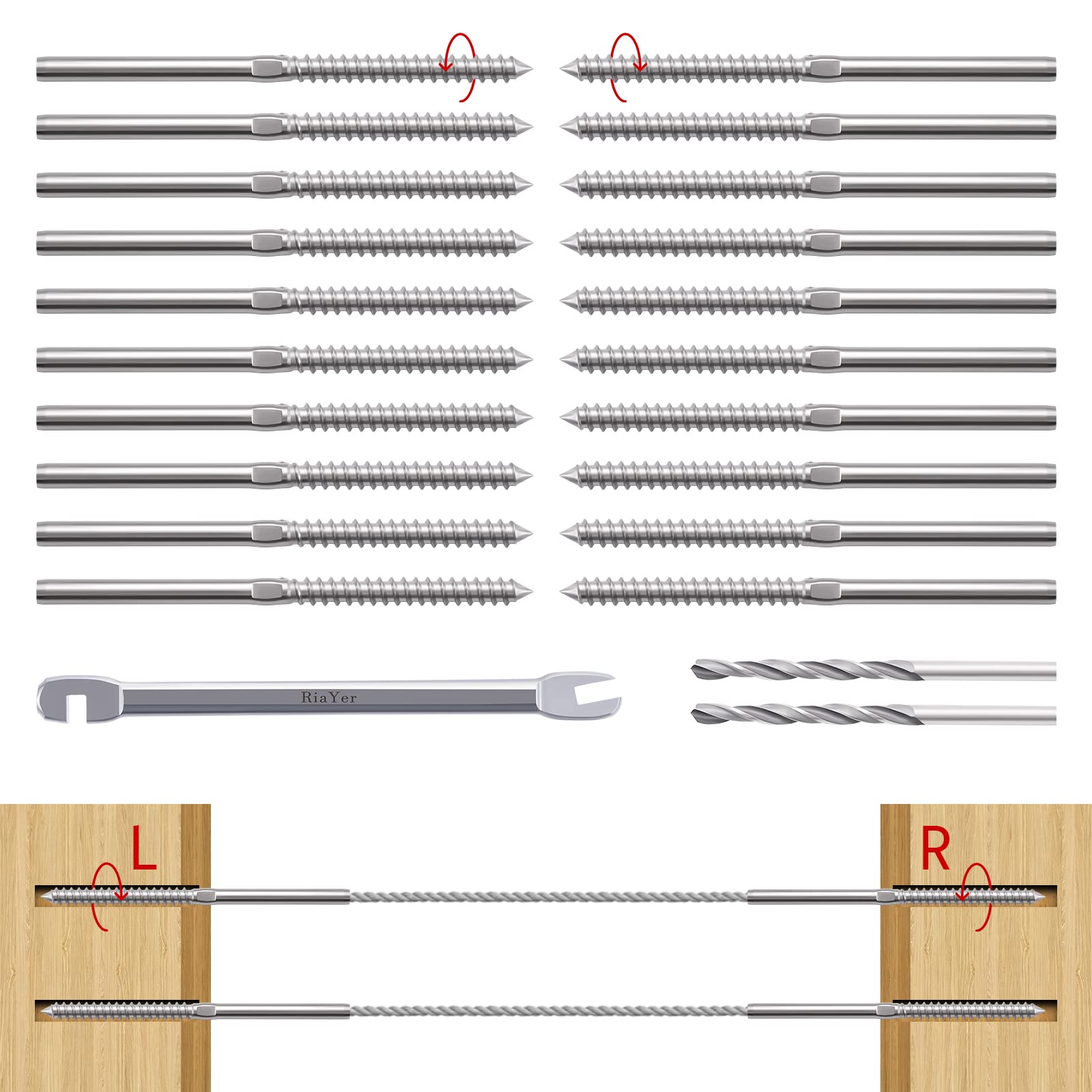 RiaYer T316 Stainless Steel Railing Swage Lag Screws Right&Left Handed Thread Cable Railing Kit for Wood Posts of 1/8" Cable Railing Hardware, 20 Packs Cable Railing Post/System for The Stair Deck