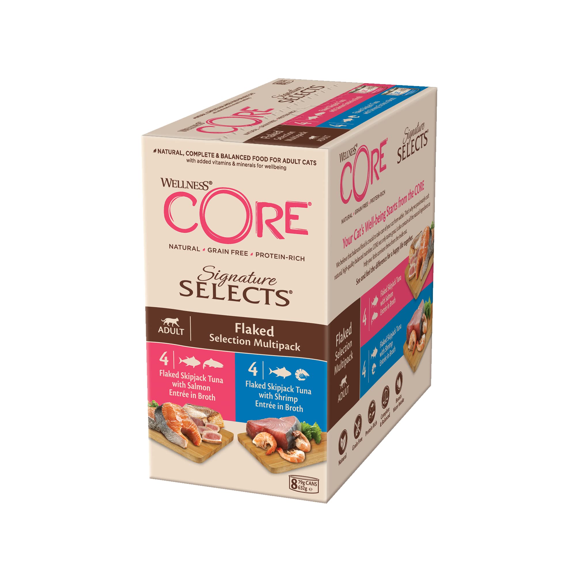 Wellness CORESignature Selects, 8 x 79g, Flaked Selection Mix, Wet Cat Food, Delicious Flakes in Broth, All-Natural, Grain-Free, High Meat Content, Protein-Rich, No Added Sugar