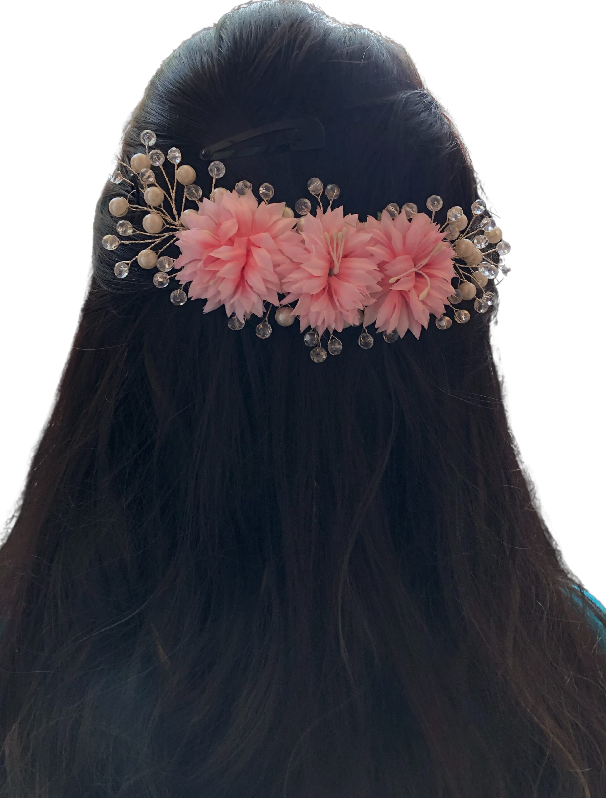 Samyak Handmade Artificial Flower Hair Accessories Veni Tiara Crystal Beaded For Women & Girls, Wedding Bridal Bridemaids Hair pins (Baby Pink)