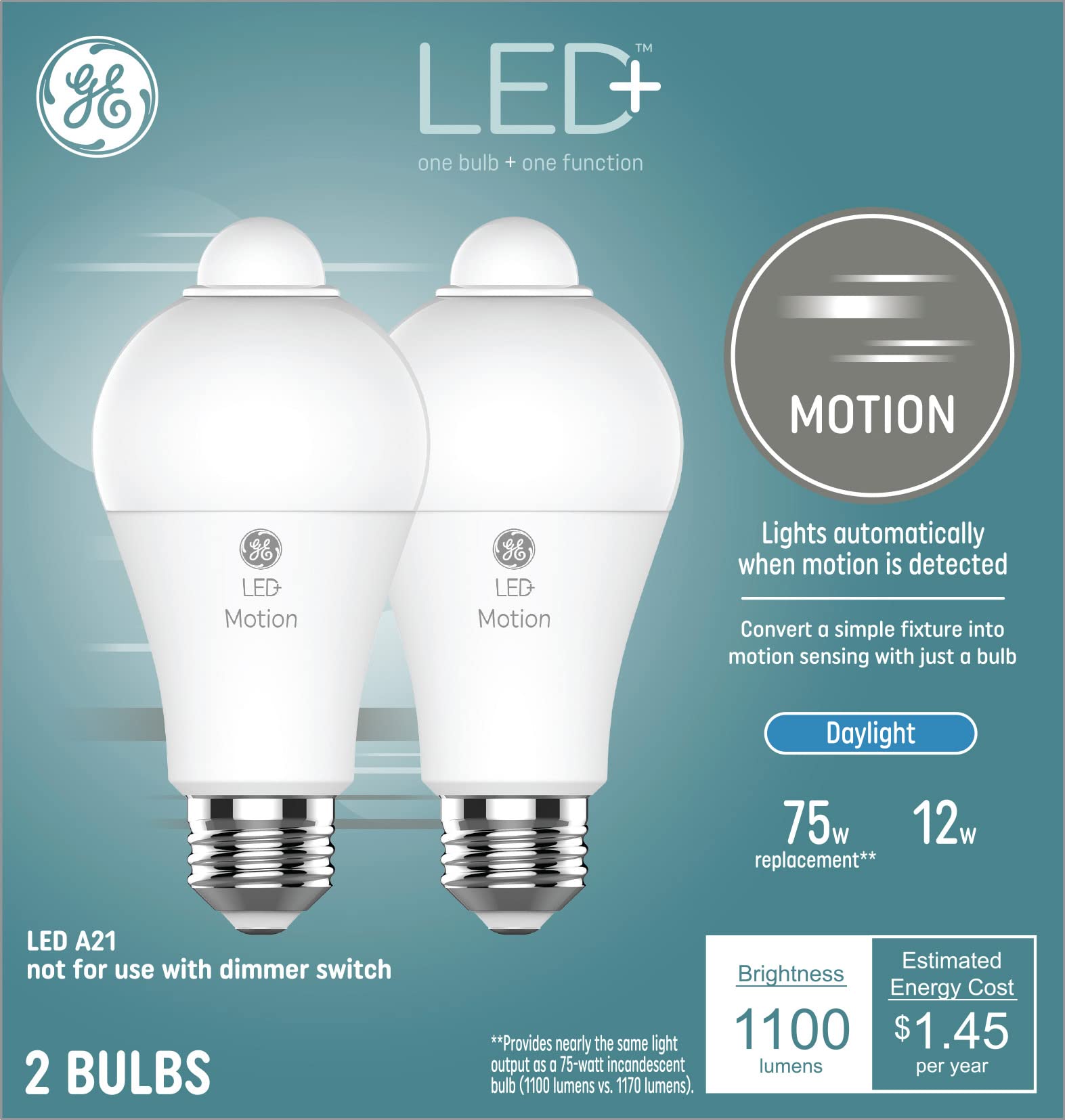 GE LED+ Motion Sensor Light Bulbs, Daylight, Security Light, A21 Light Bulb (Pack of 2)