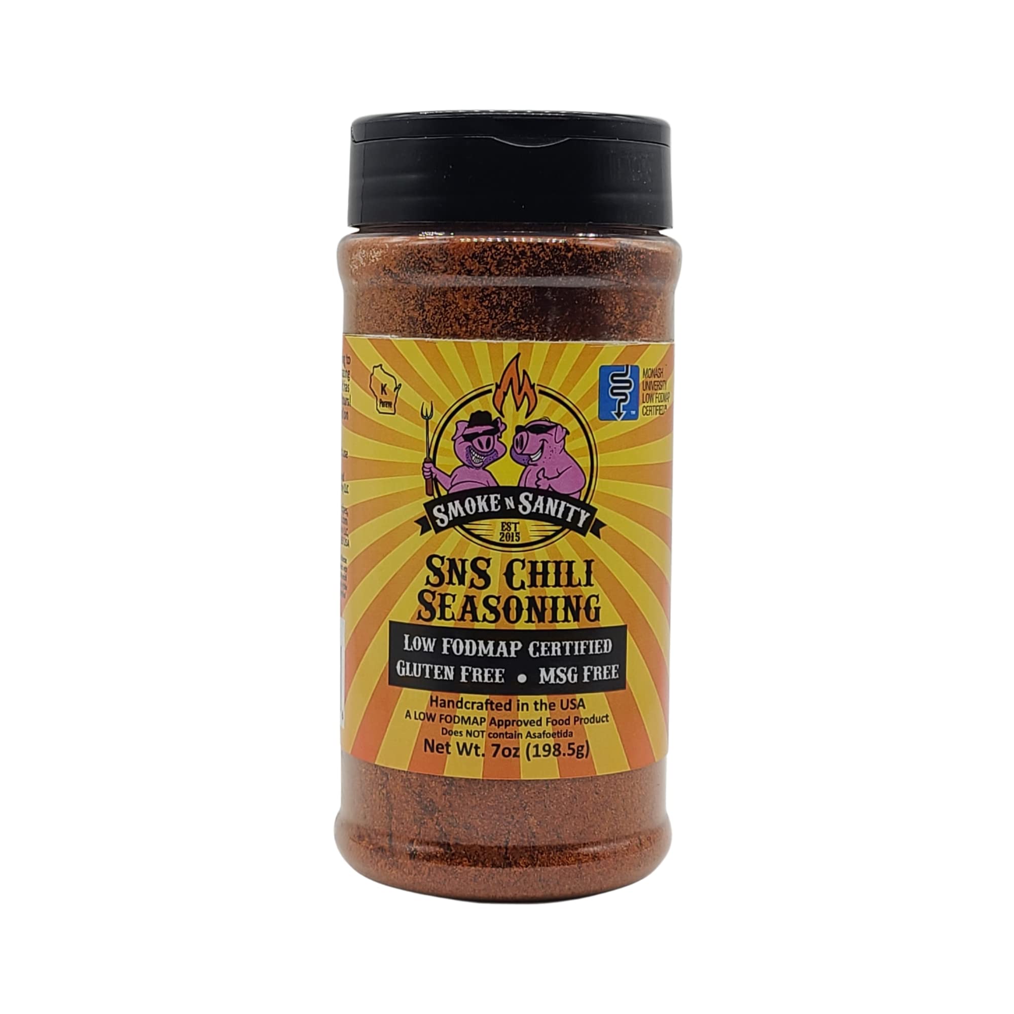 Smoke n SanitySnS Chili Seasoning - Monash Certified Low FODMAP - Gluten Free - Certified Kosher - Dairy Free - Low FODMAP Food - Vegetarian (7.0 oz Shaker)