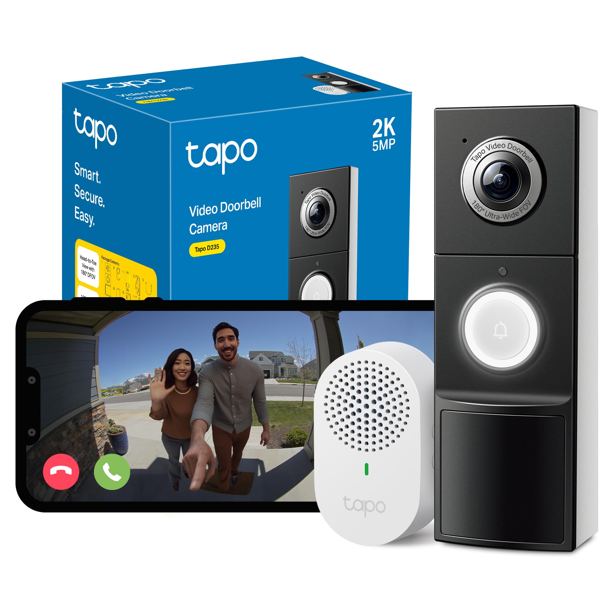 Tapo D235 2K 5MP Doorbell Camera Wireless(2024 Release)180°Ultra-Wide Video Doorbell Wireless or Wired, Battery 210 Day,Ring Chime Included,Head-to-Toe View,IP66, Free Detection,Alexa,No Monthly Fee