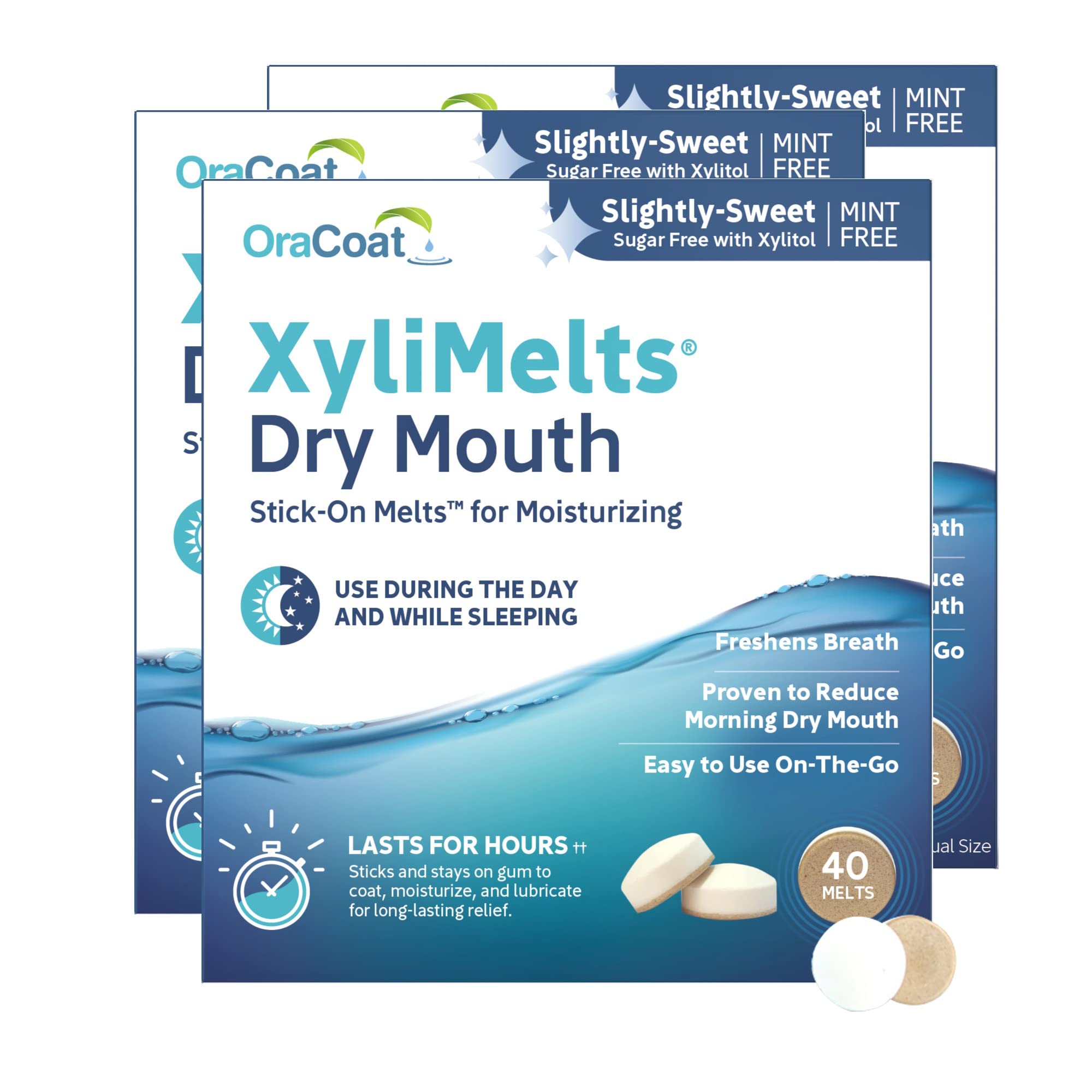 OracoatXyliMelts Dry Mouth Relief Moisturizing Oral Adhering Discs 40 Count, 3 Pack, Slightly-Sweet with Xylitol, for Dry Mouth, Stimulates Saliva