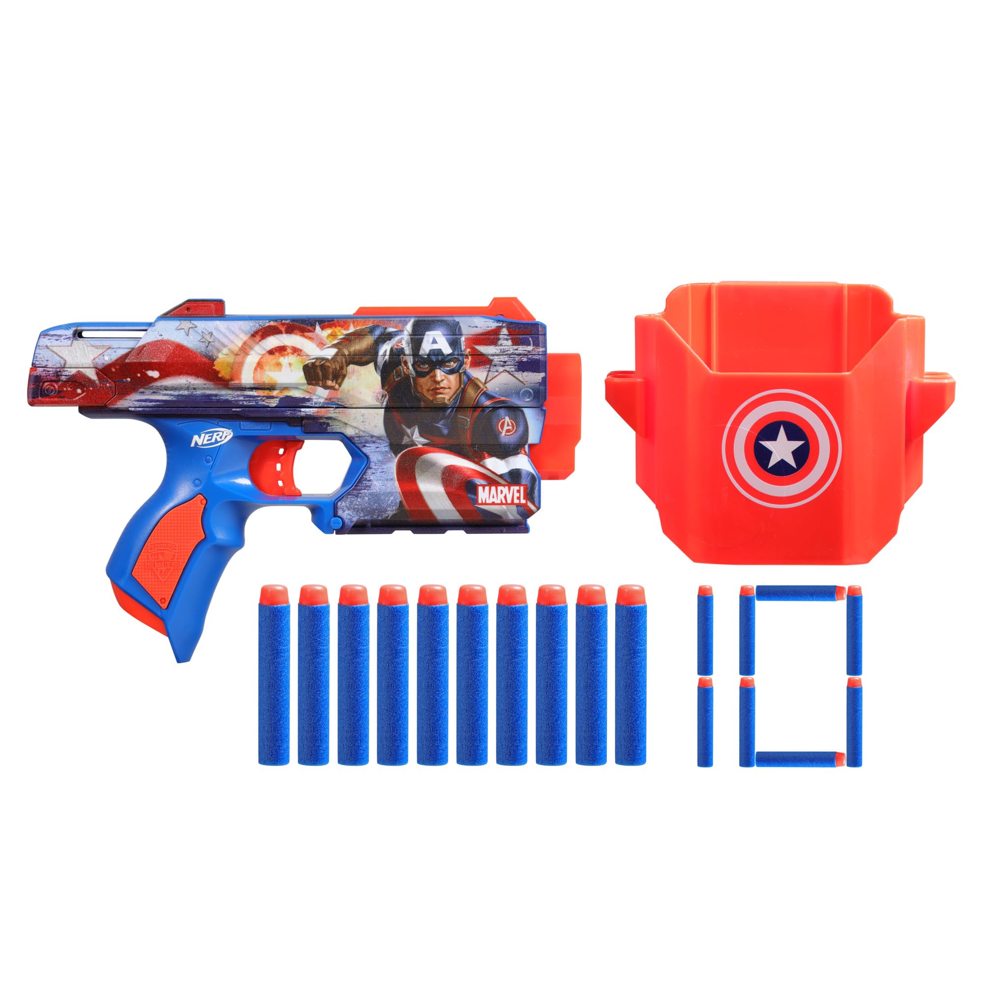 Nerf Marvel Captain America Dart Blaster, 10 Nerf Elite Darts, Holster, Toy Foam Blasters for 8 Year Old Boys & Girls