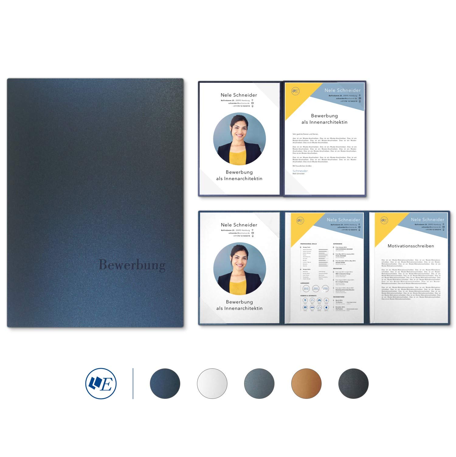 '5 Pieces 4-Part Job Applications Folders Pack ESCLUSIVA – Excellent Plus in Blue with 2 Slide Binders/1 A Premium Quality with Embossed Text "Bewerbung"/Direct from the Manufacturer Stratag/Design by Mario Lemani "