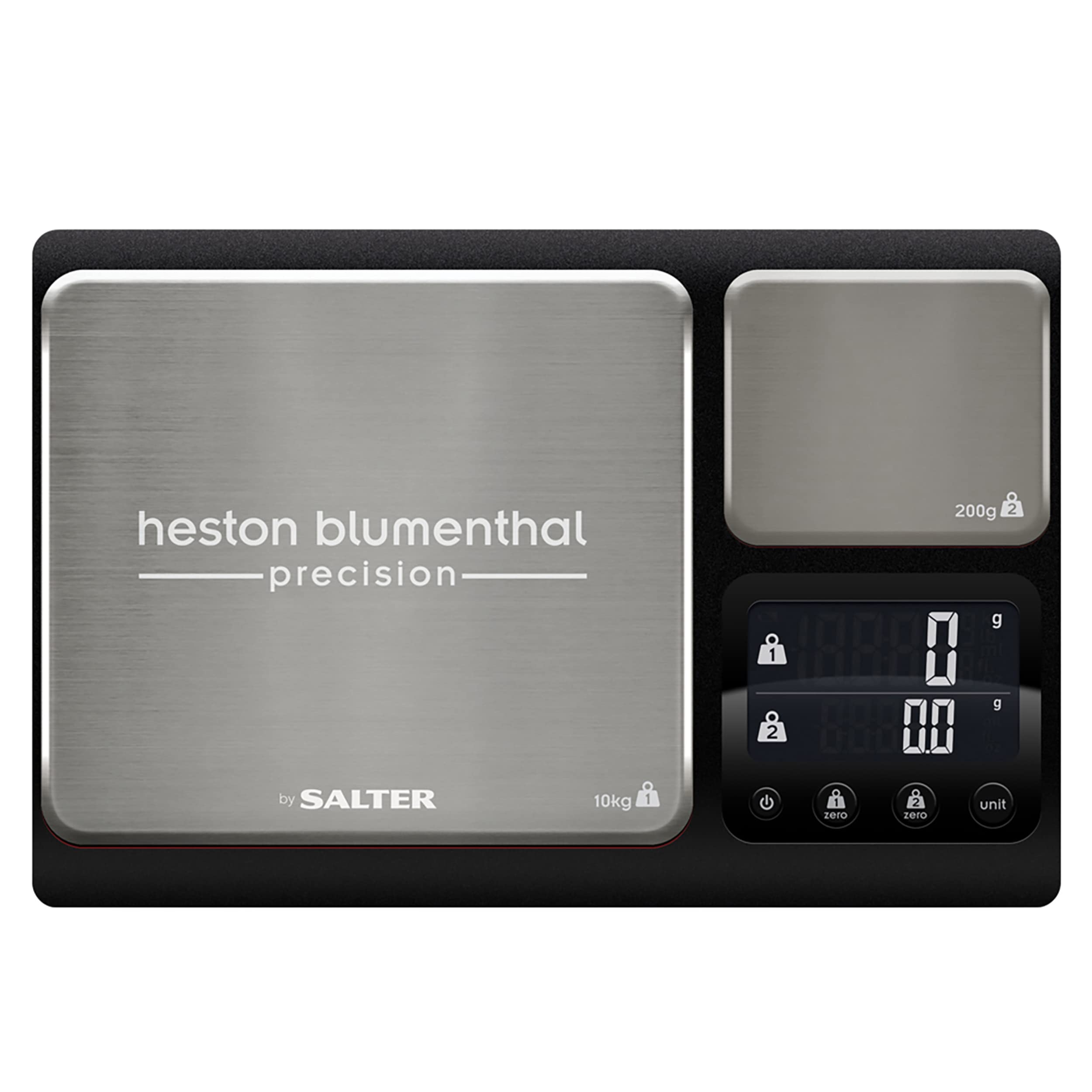 Heston Blumenthal Precision by Salter 1049A HBBKDR Digital Kitchen Scale – Dual Electronic Baking Scale, Large 10kg Platform, Small 200g Precision Platform, Add & Weigh Tare Function, Stainless Steel