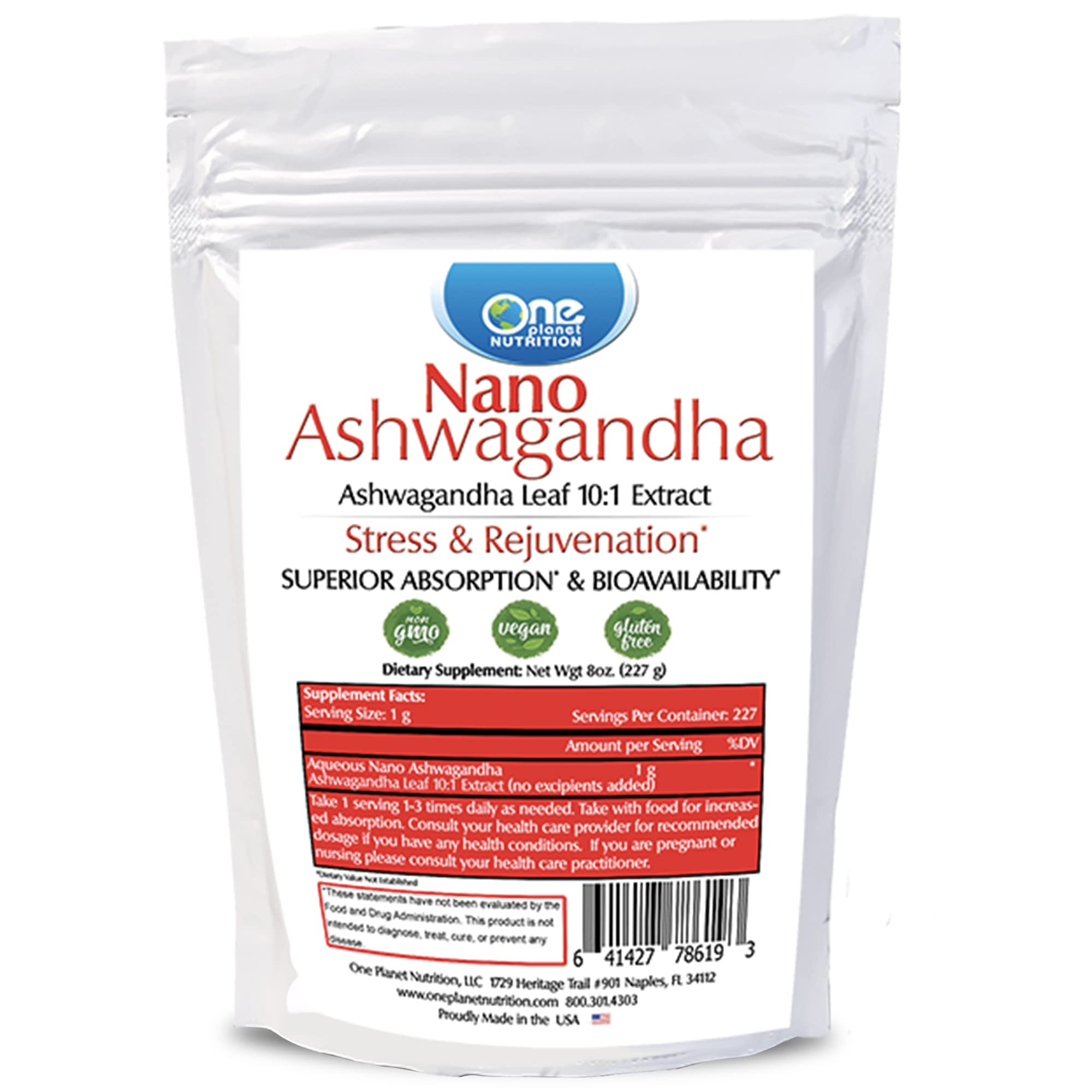 Nano Ashwagandha Leaf Powder 8 oz (227 Servings), 10:1 Extract, Supports Hormone & Neurological Function for Stress Relief, Non-GMO, Vegan, Gluten-Free